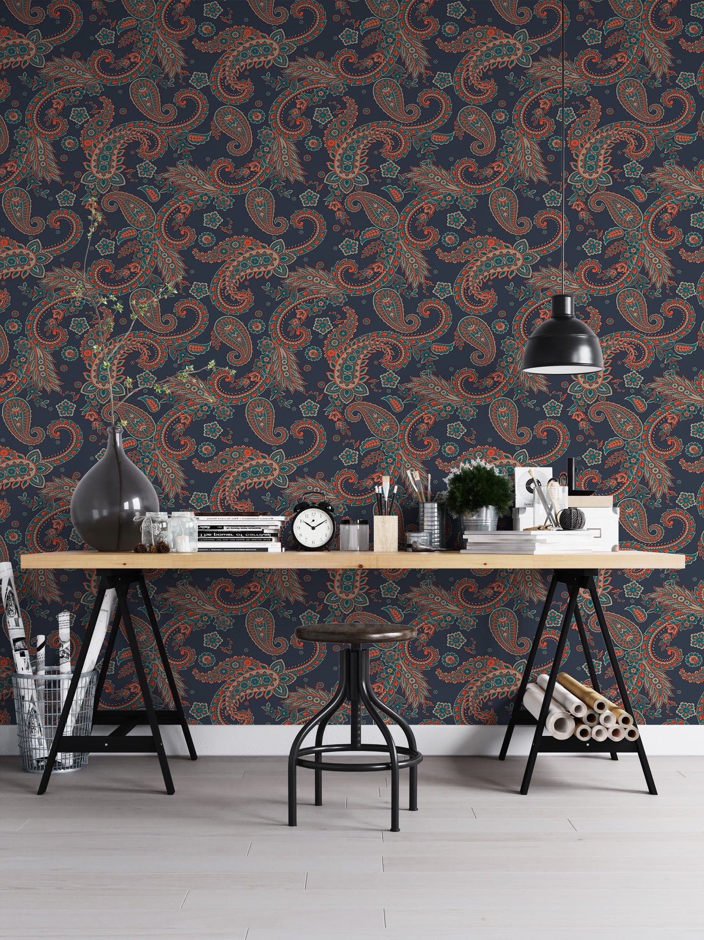 Colorful Kalamkari Seamless Pattern Paisley Wallpaper