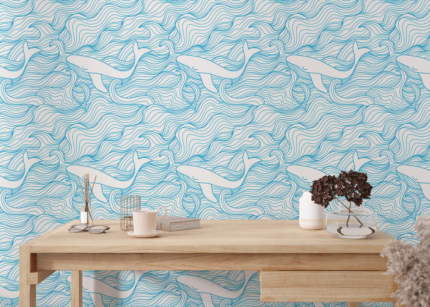 Light Blue Pattern Stormy Waves and Whales Wallpaper