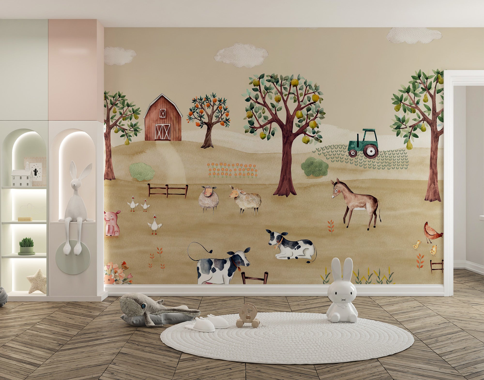 Peaceful farm mural featuring fields and farm animals