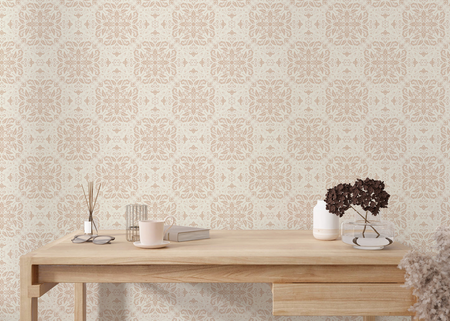 Beige Repeat Pattern Damask Peel and Stick Wallpaper