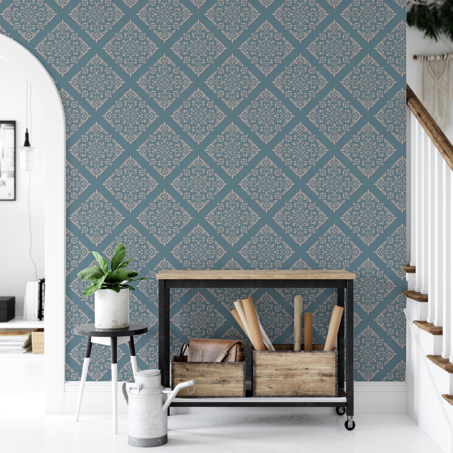 Blue Color Modern Damask Wallpaper For Walls