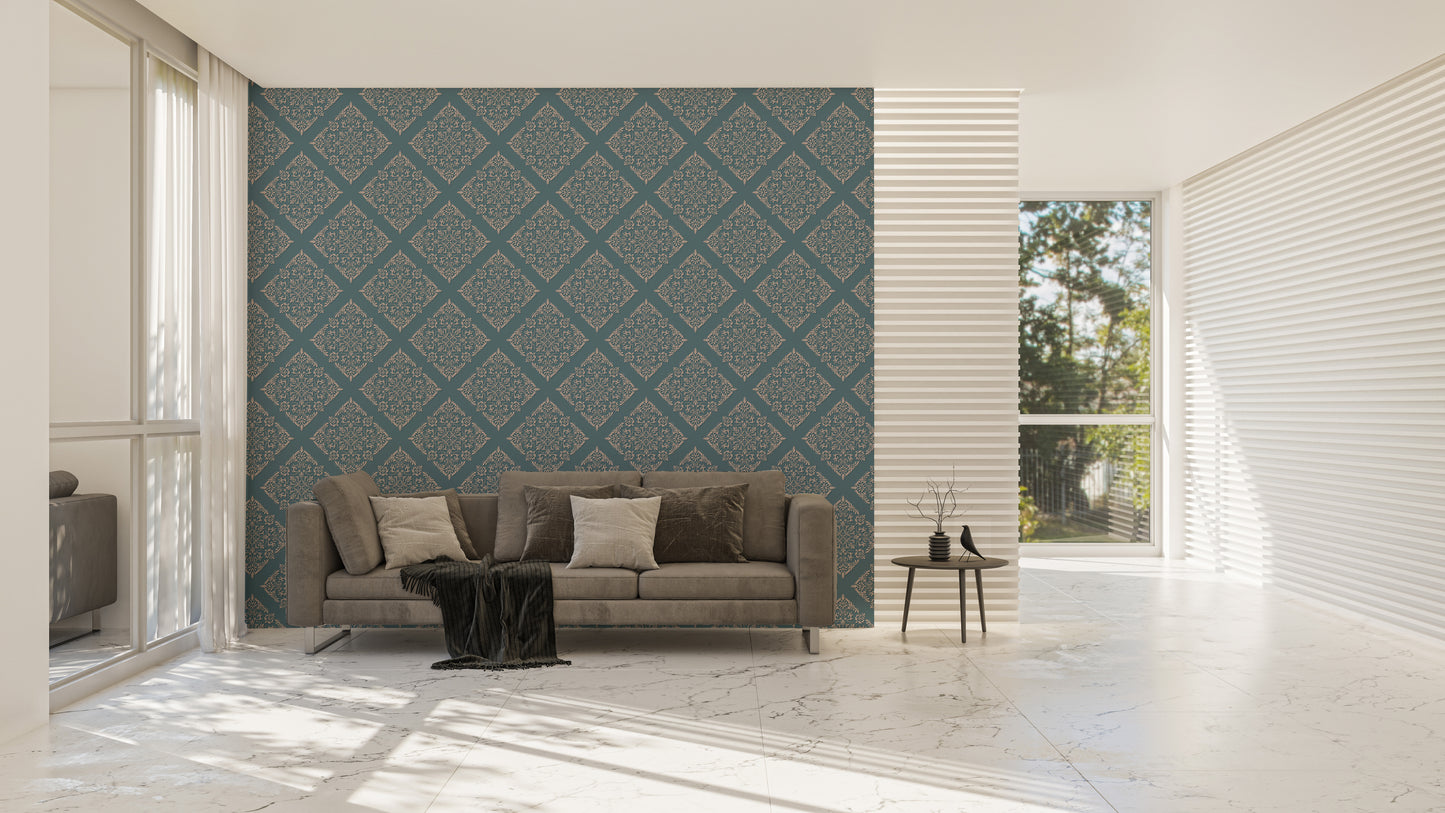 Blue Color Modern Damask Wallpaper For Walls