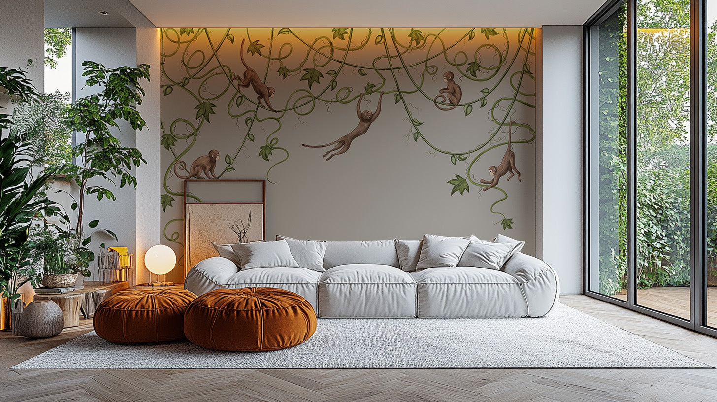 Playful monkeys and leaves for a nursery wall mural.
