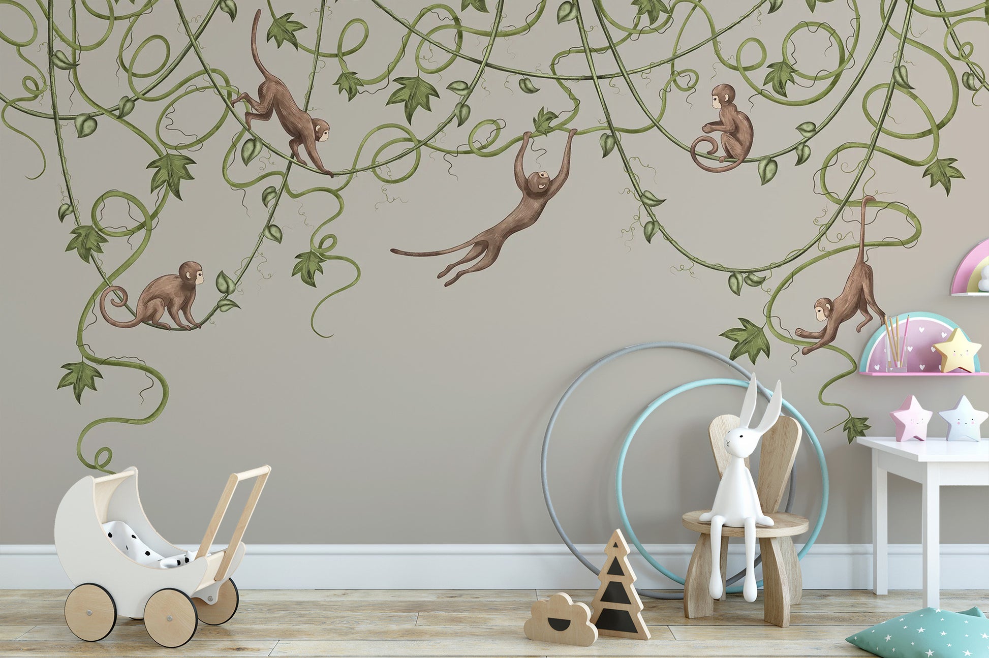 Cute monkey illustrations on a playful nursery wallpaper.
