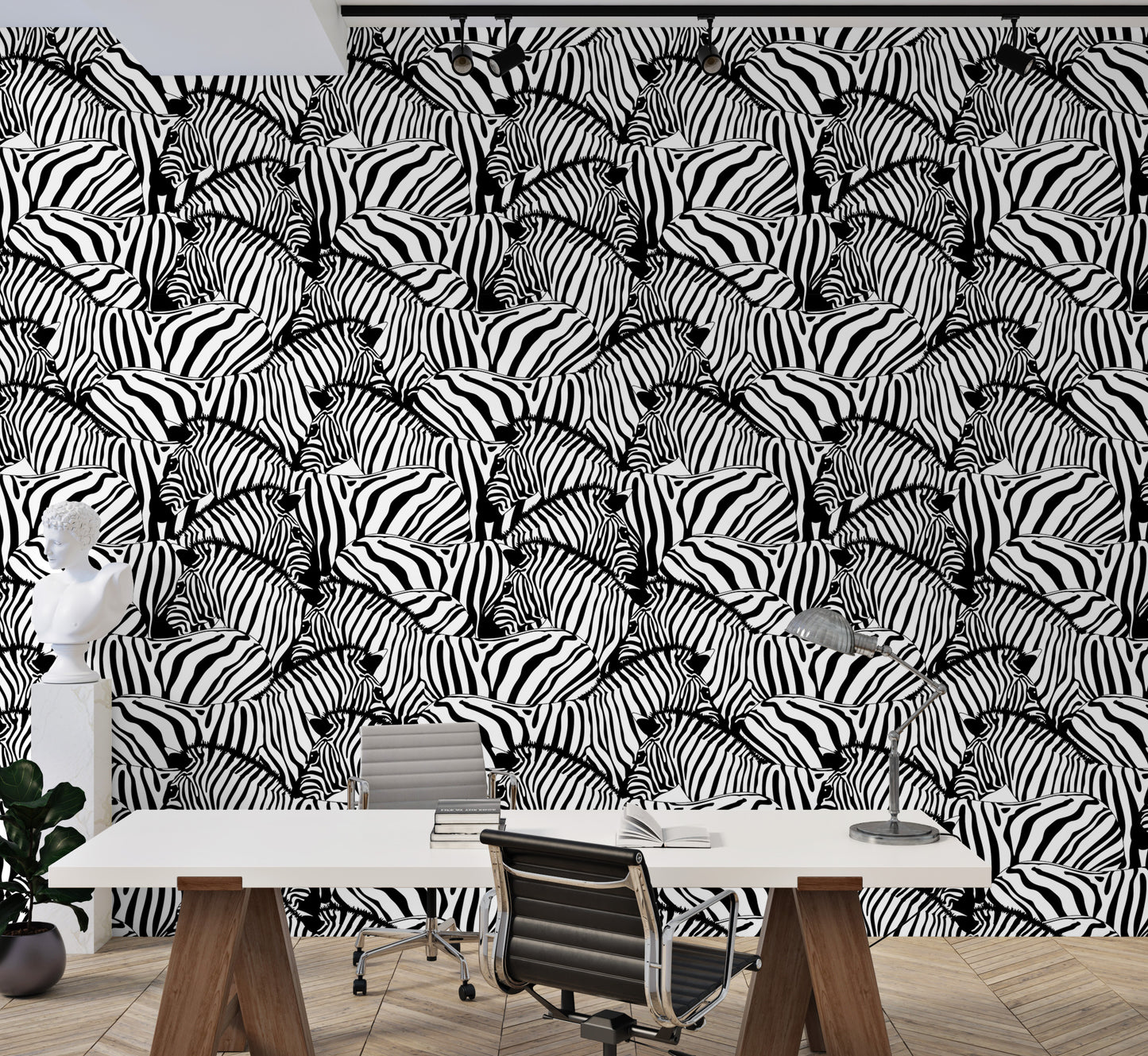 Black and white wallpaper featuring zebra stripes and savannah style