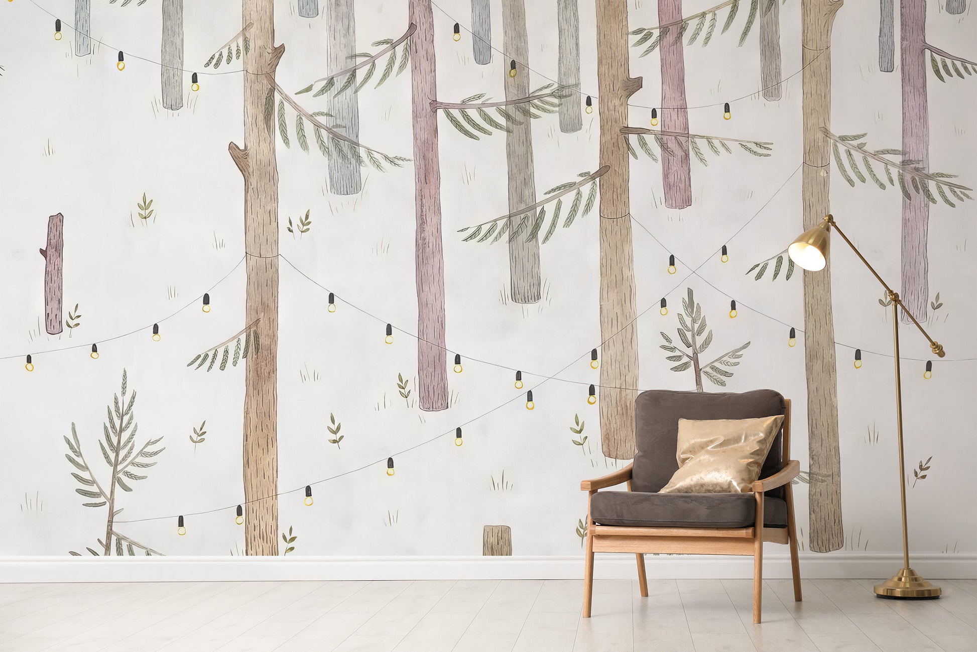 Nature-inspired woodland lights mural for tranquil walls