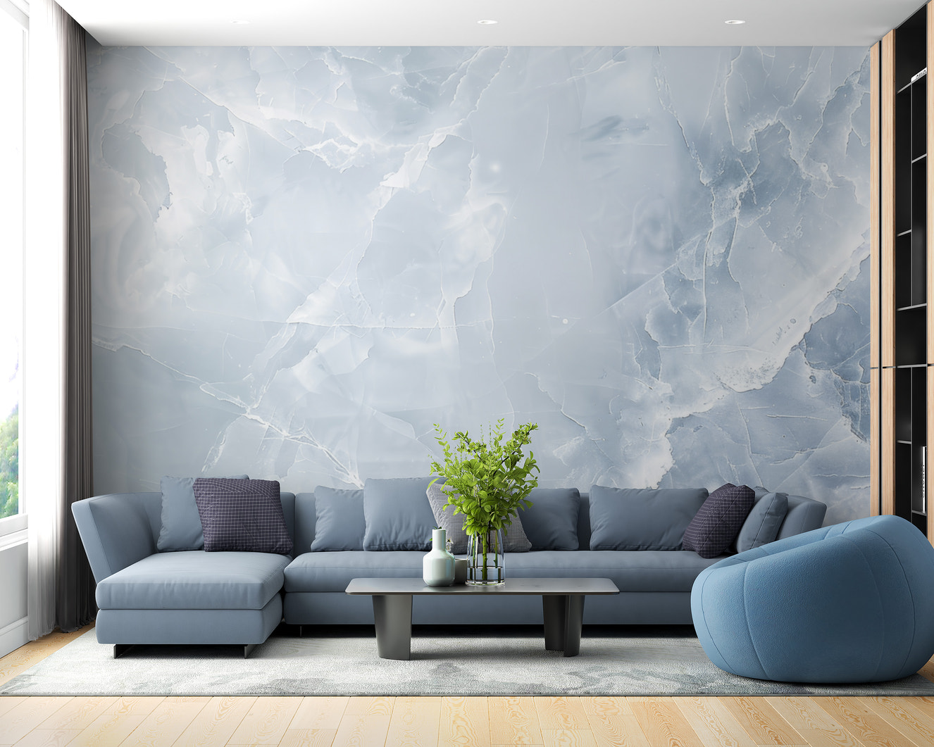 Cool ice blue marble mural with elegant veining.
