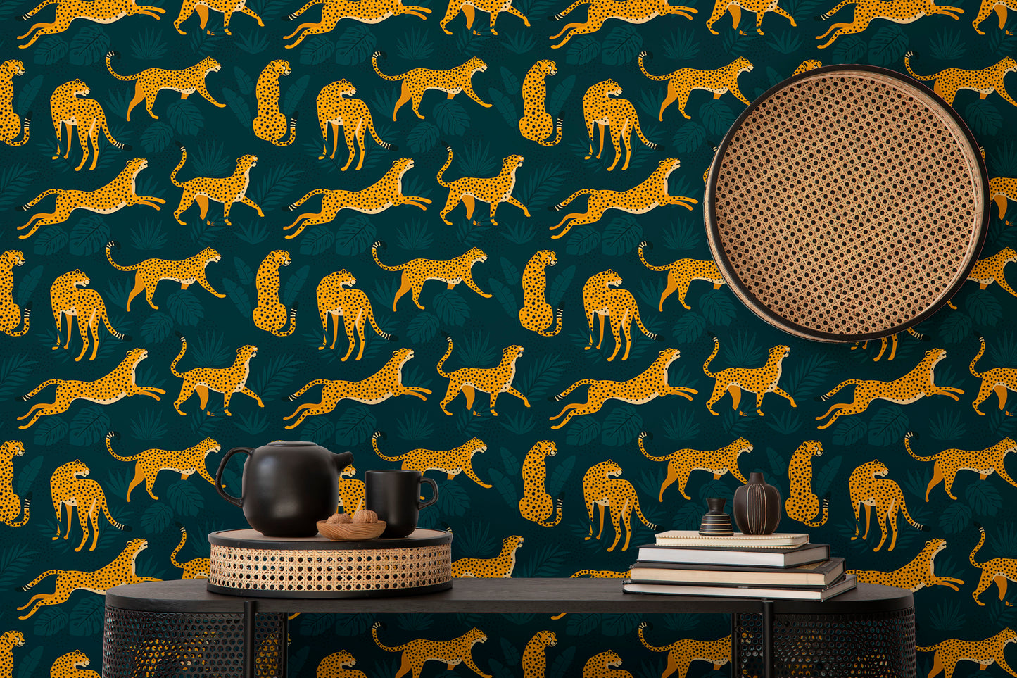 Kids Room Leopard Tropical Leaves Pattern Wallpaper