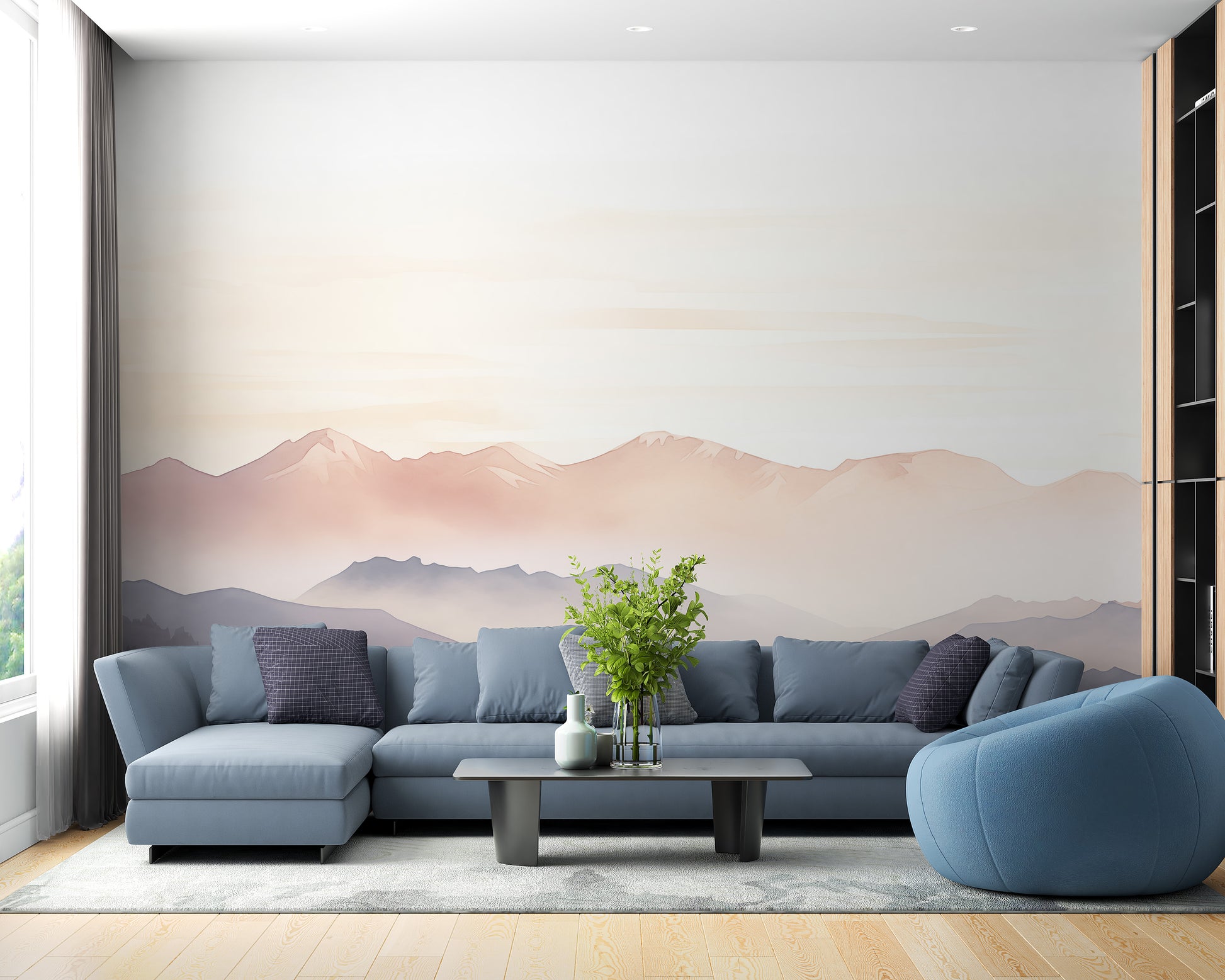 Foggy hills mural with a serene, misty landscape feel.
