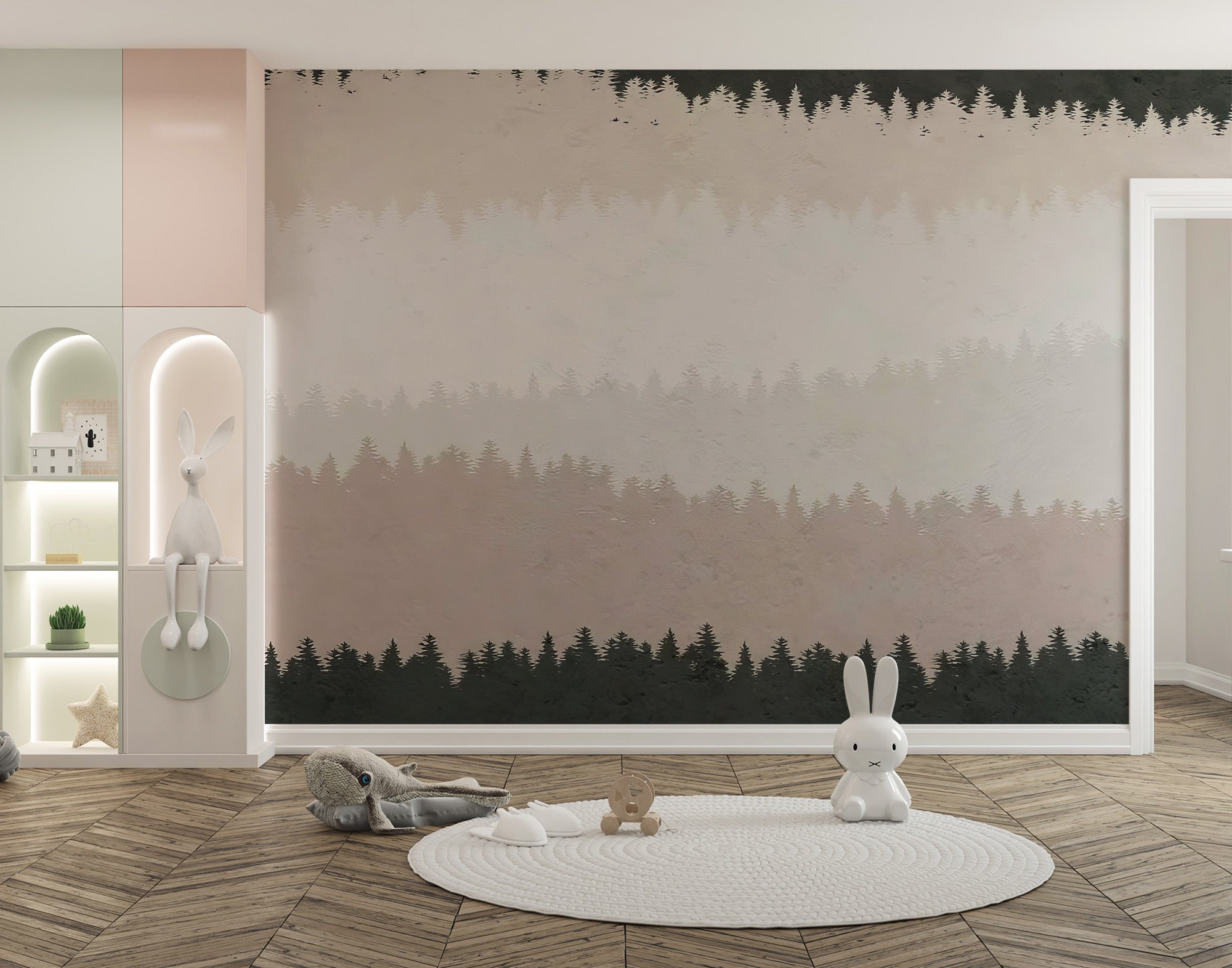 Woodland-themed mural with shaded forest landscape