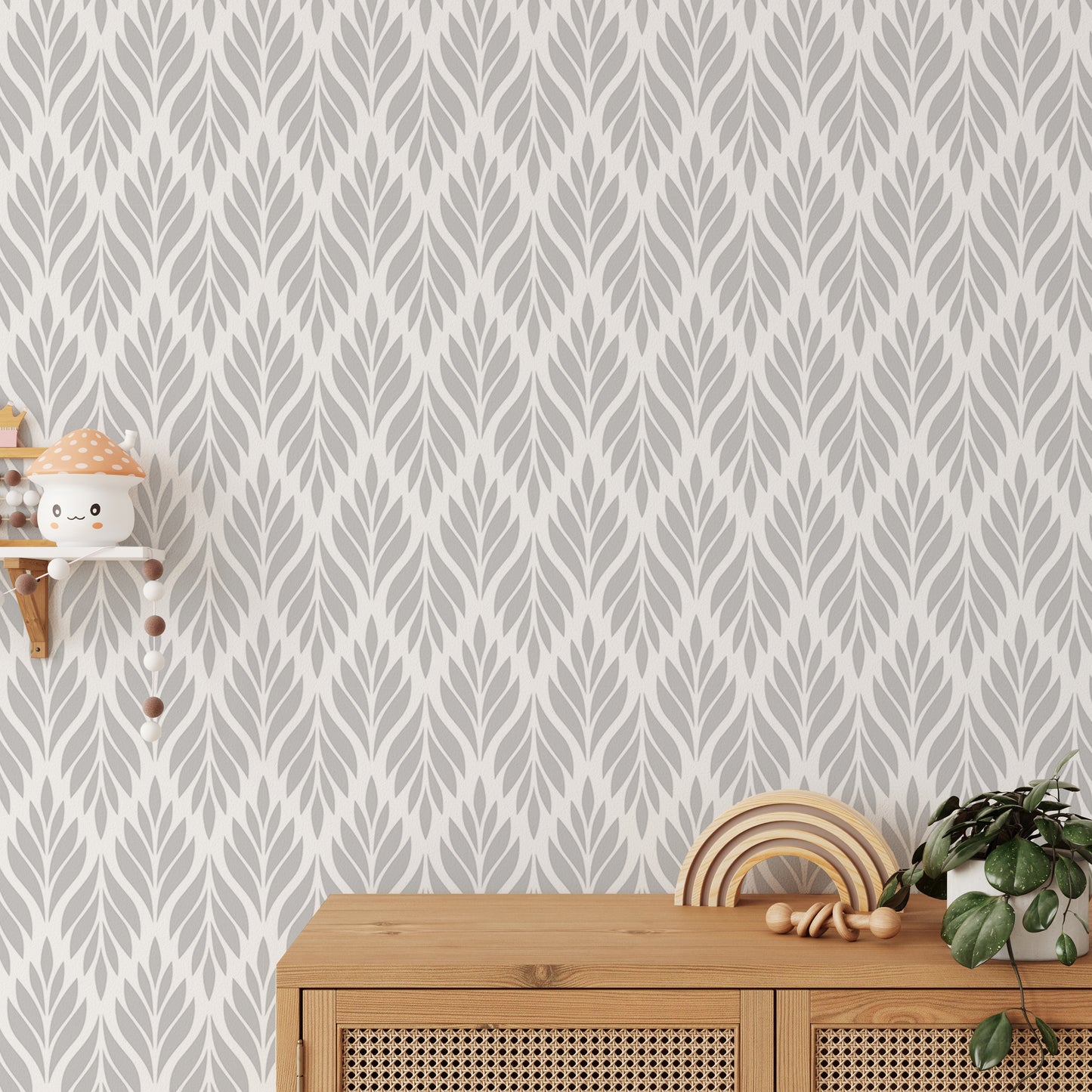 Grey Color Leaves Damask Design Wallpaper For Walls