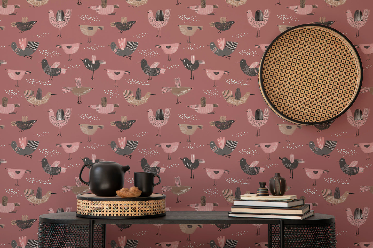 Artistic bird-themed wallpaper in pastel on dark pink