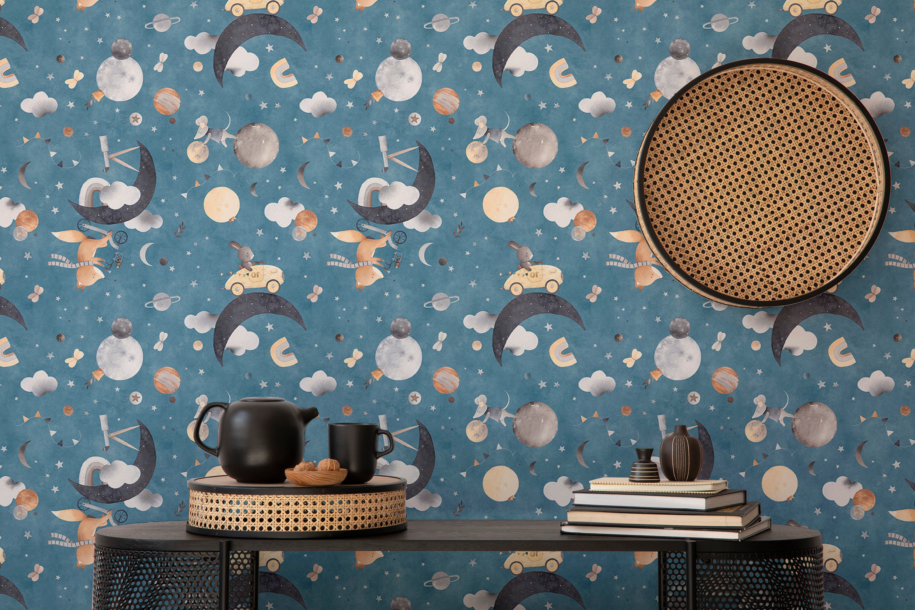 Fox and mouse space adventure wallpaper in blue tones