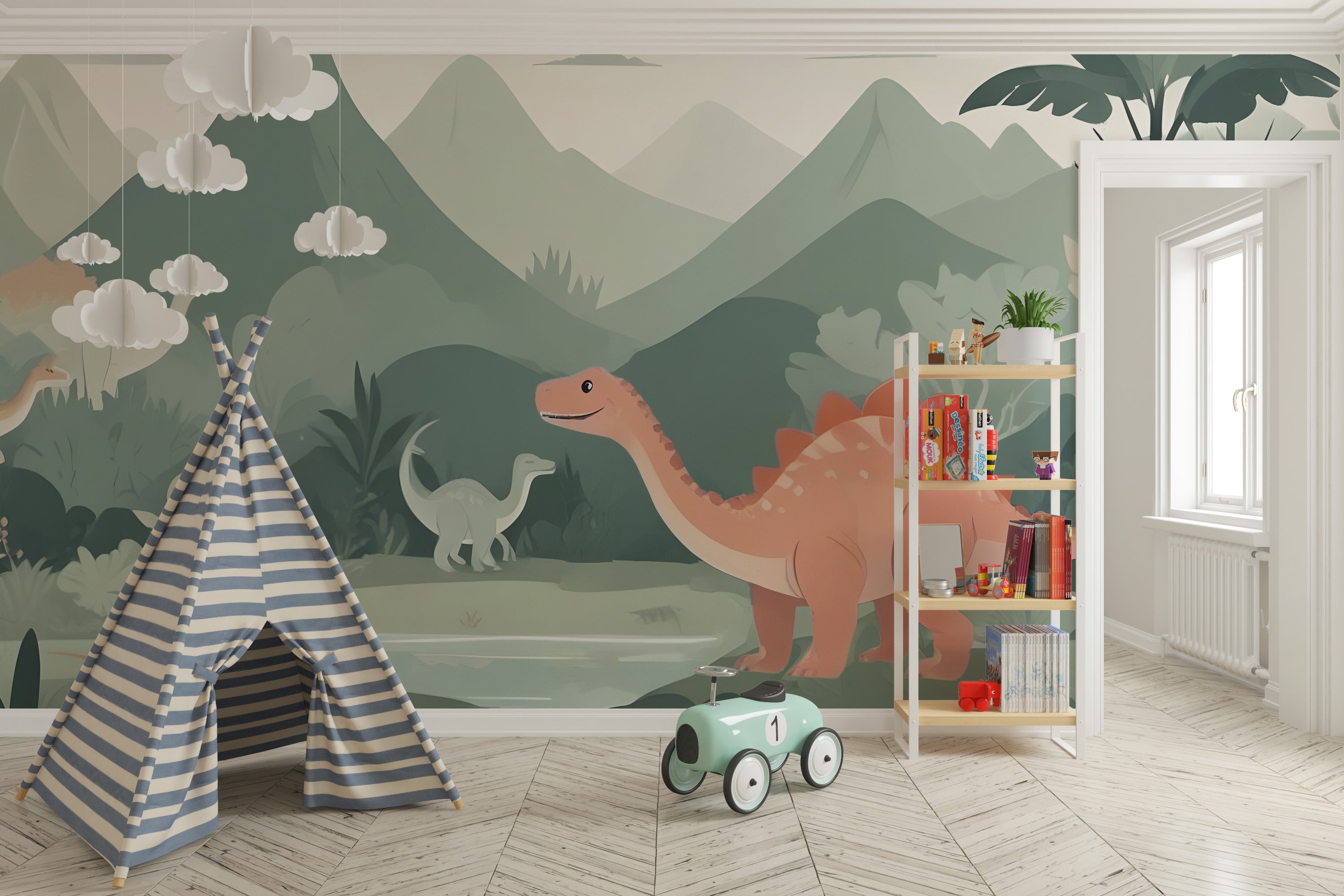 Kids dinosaur world mural for a prehistoric adventure
