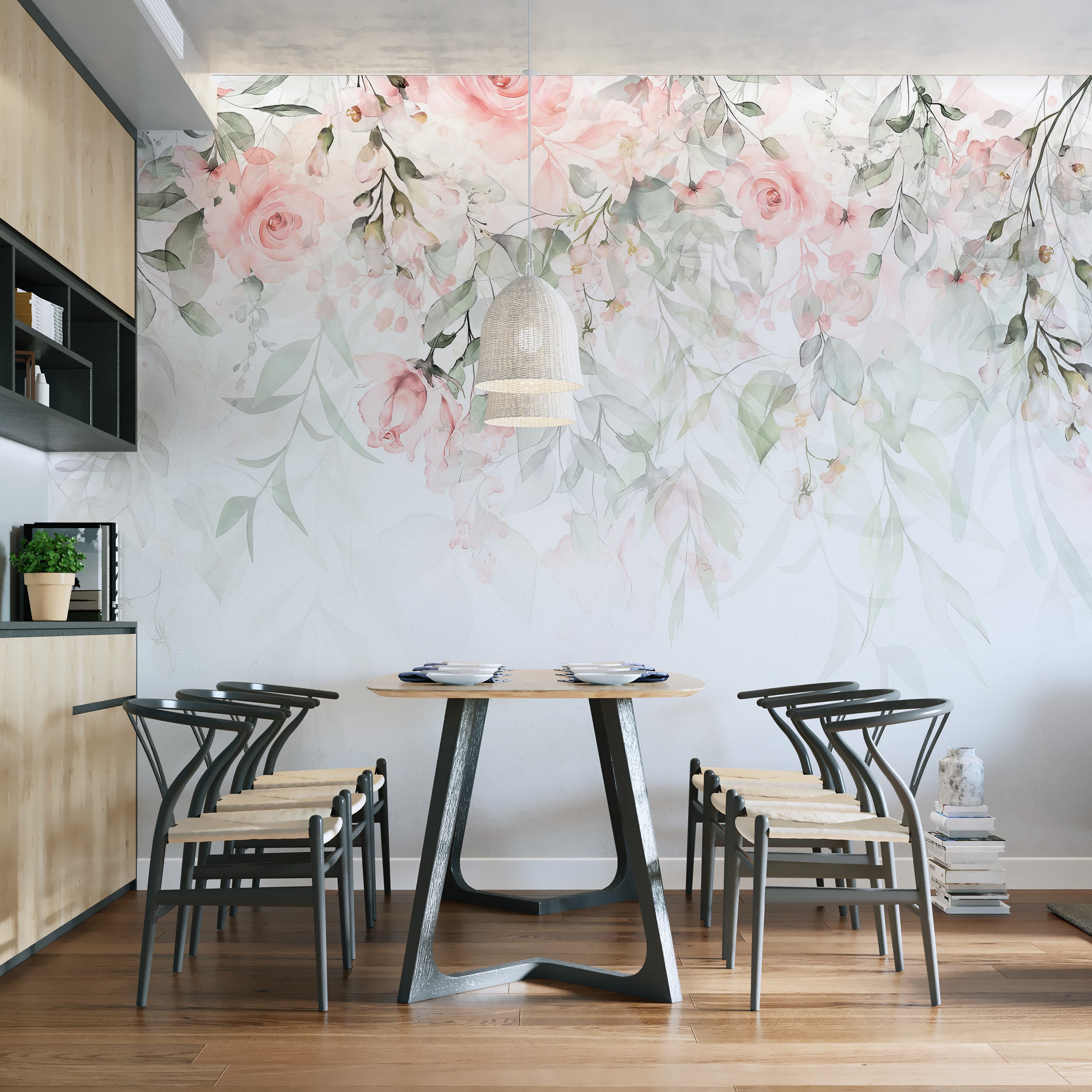 Pink Hanging Flower Wallpaper Mural with pastel tones