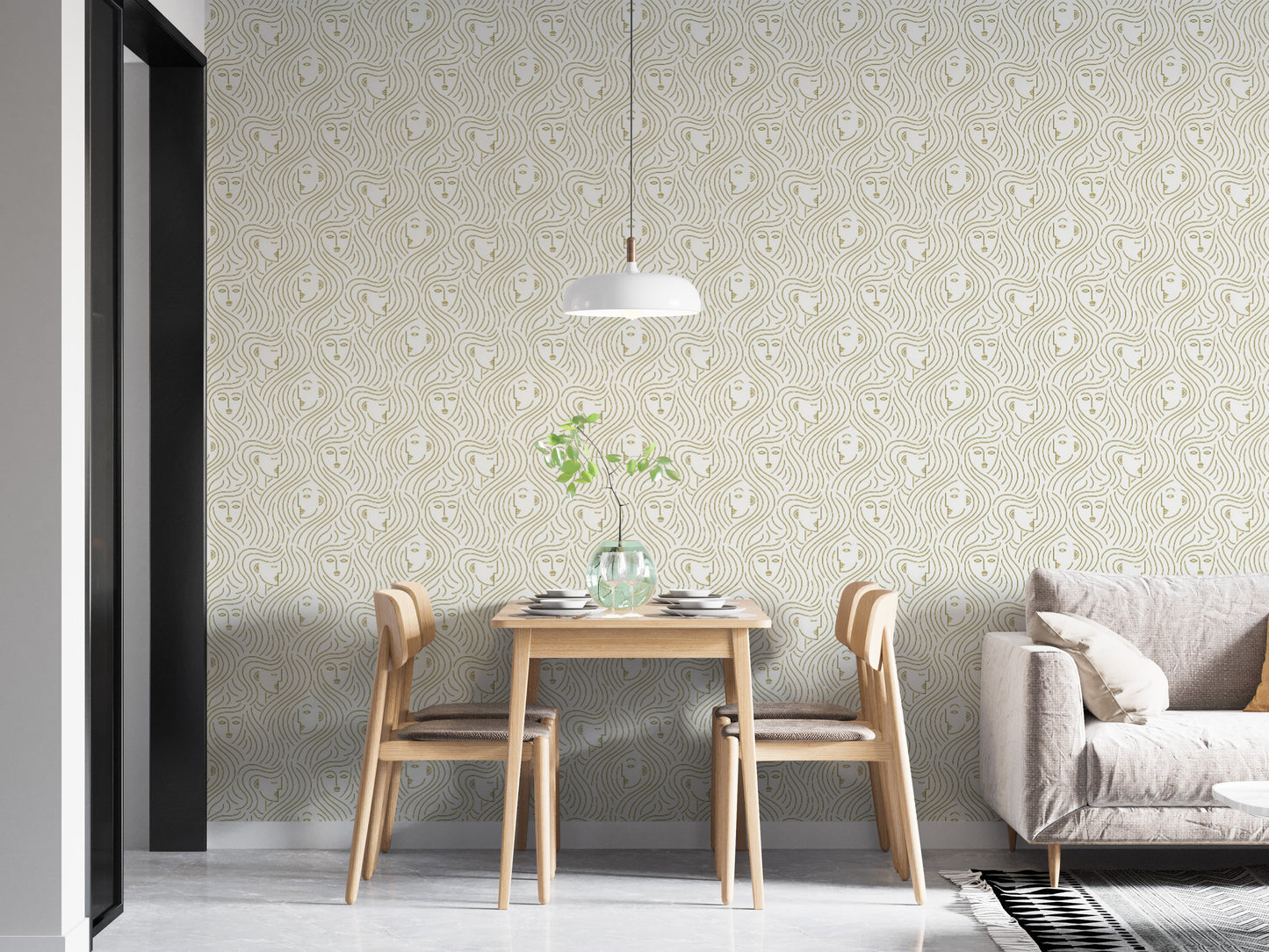 Neutral-toned wallpaper showcasing abstract faces with curved lines