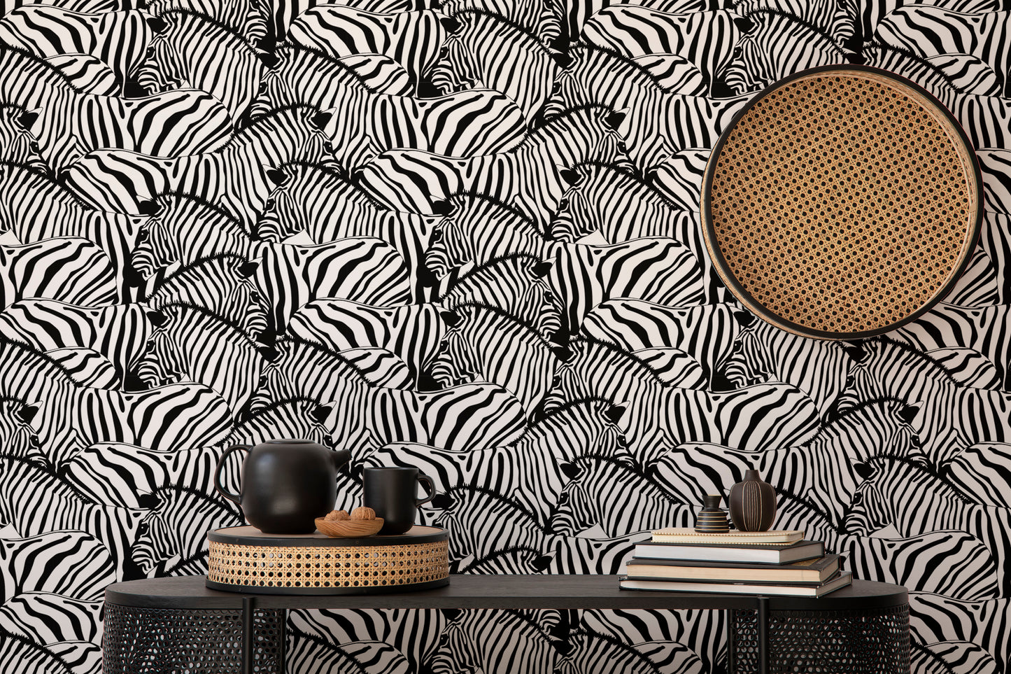 Savannah animal wallpaper with bold zebra stripe design