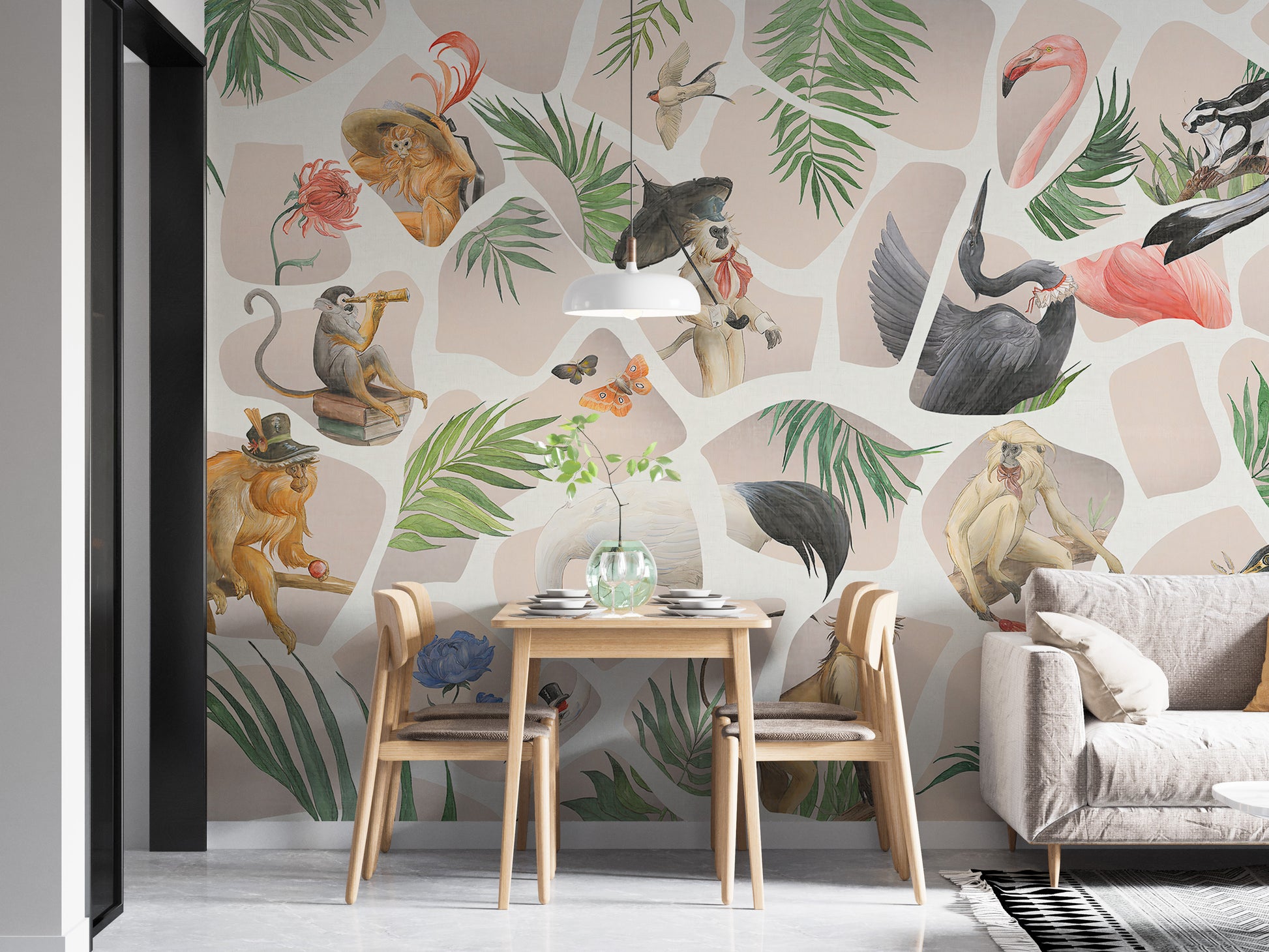 Beige-toned wallpaper mural featuring monkeys and foliage