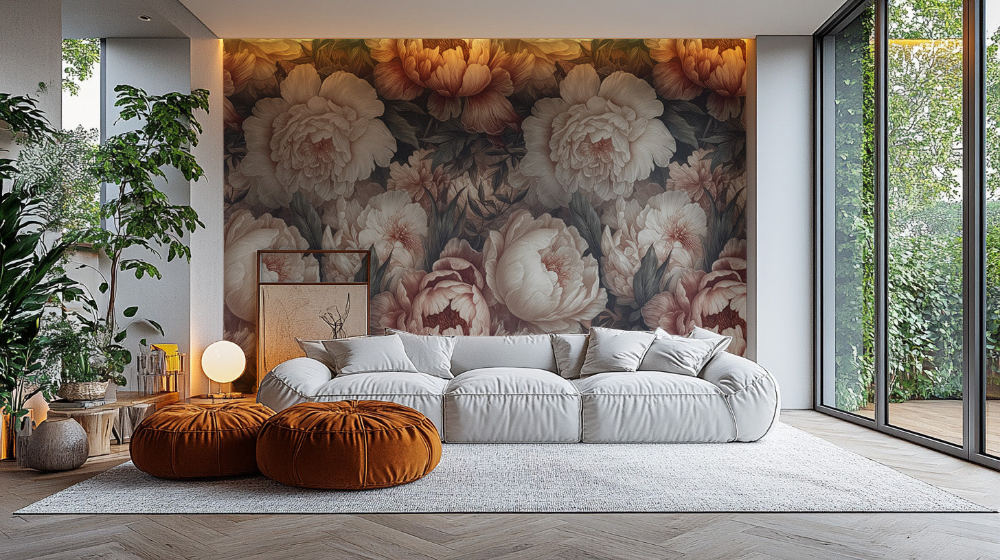 Blush peony floral mural for a peaceful room aesthetic



