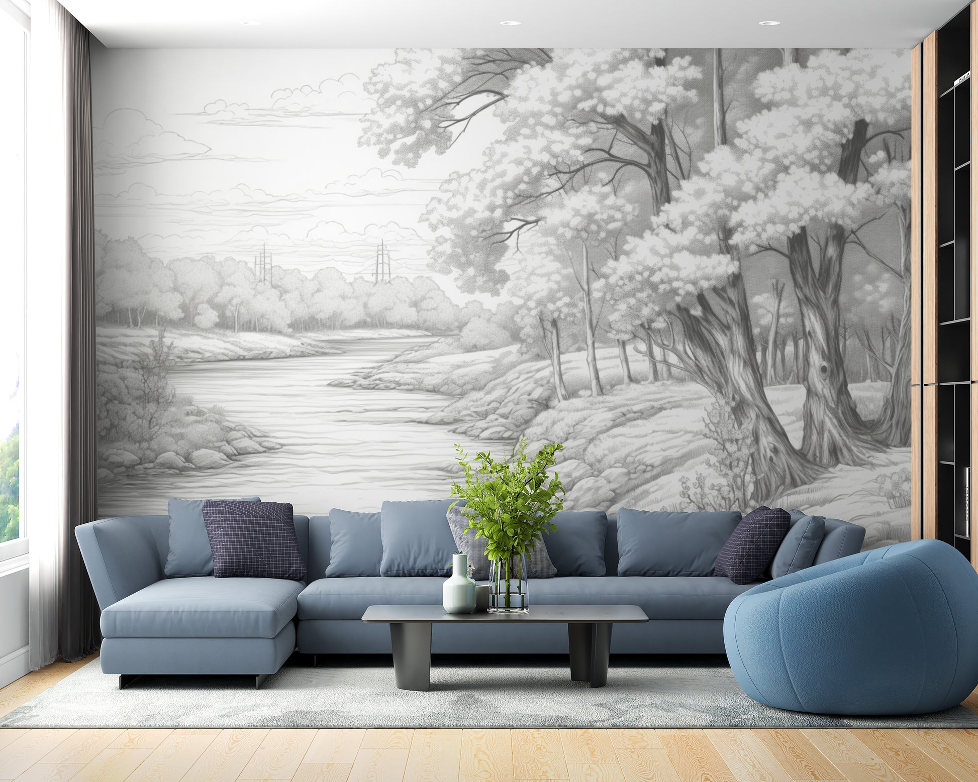 Calming grey forest mural for peaceful wall decor
