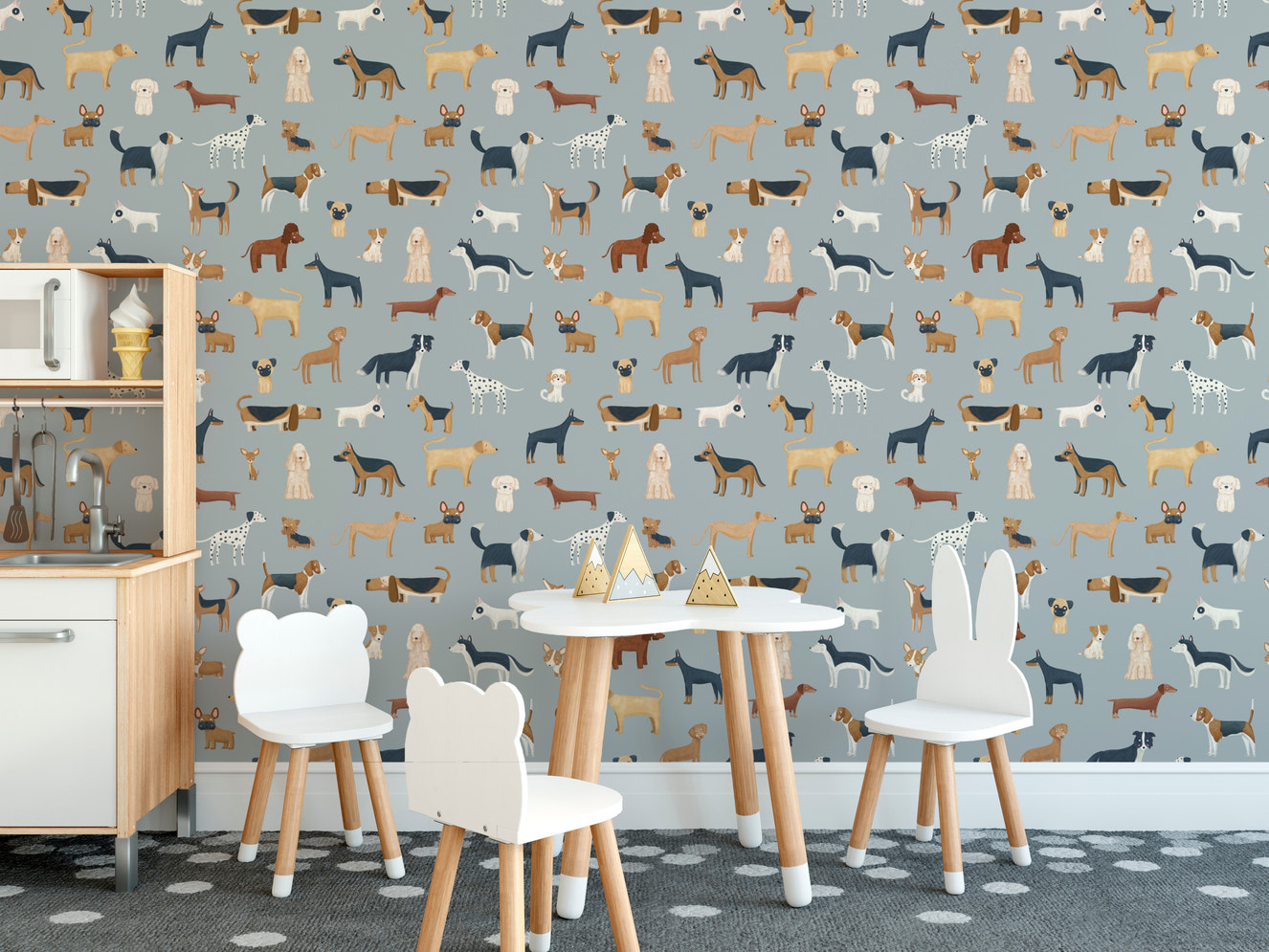 Blue wallpaper featuring a variety of dog breeds
