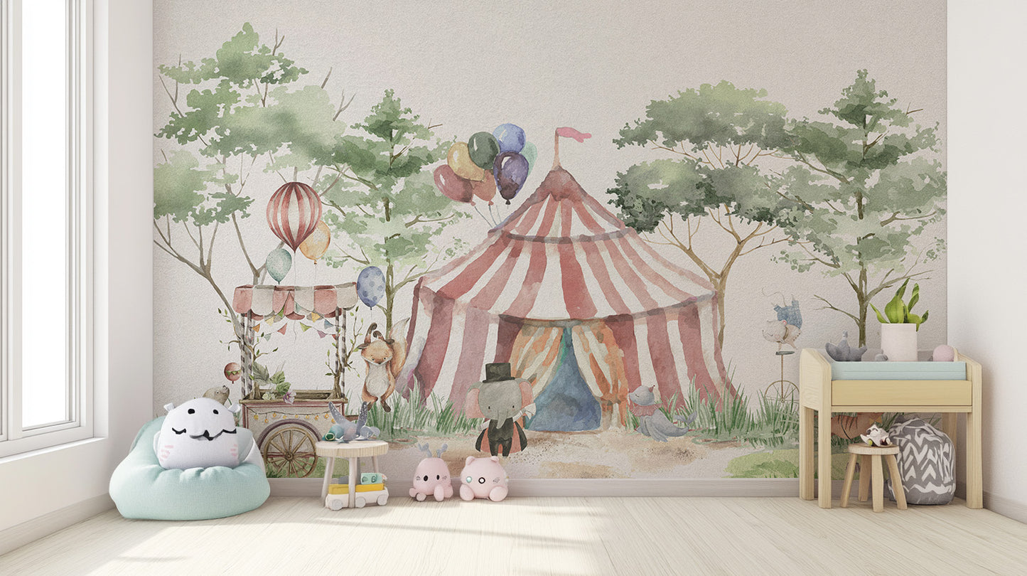 Whimsical circus tent mural for playful and lively walls