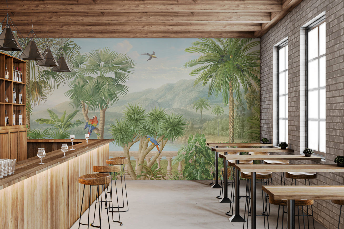 Jungle Paradise Mural with Exotic Birds