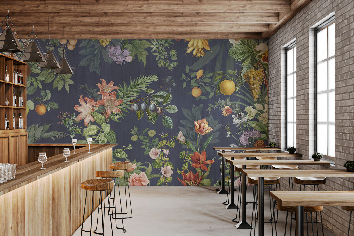 Botanical Floral and Fruit Wallpaper