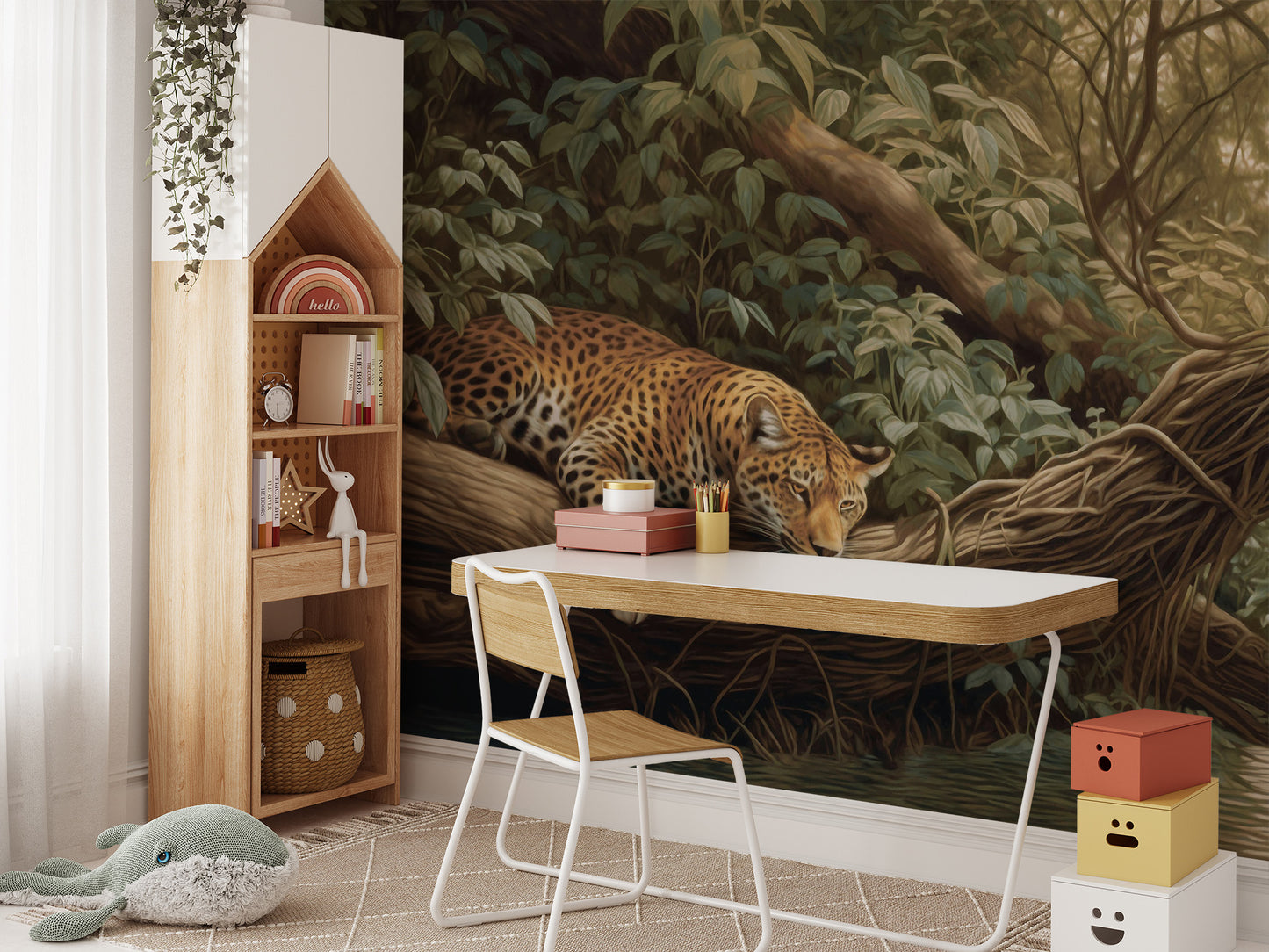 Scenic jungle landscape mural featuring a leopard design
