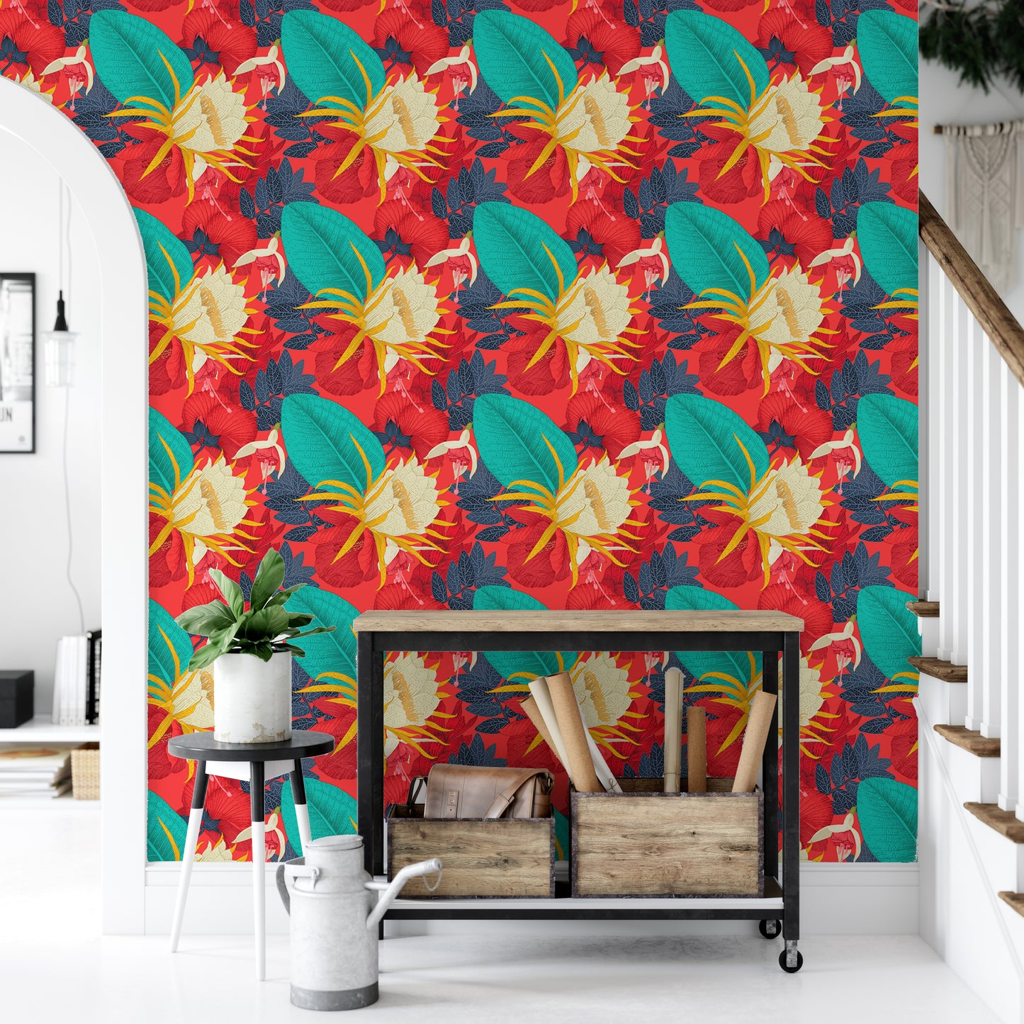 Seamless Pattern Tropical Floral Red Background Wallpaper