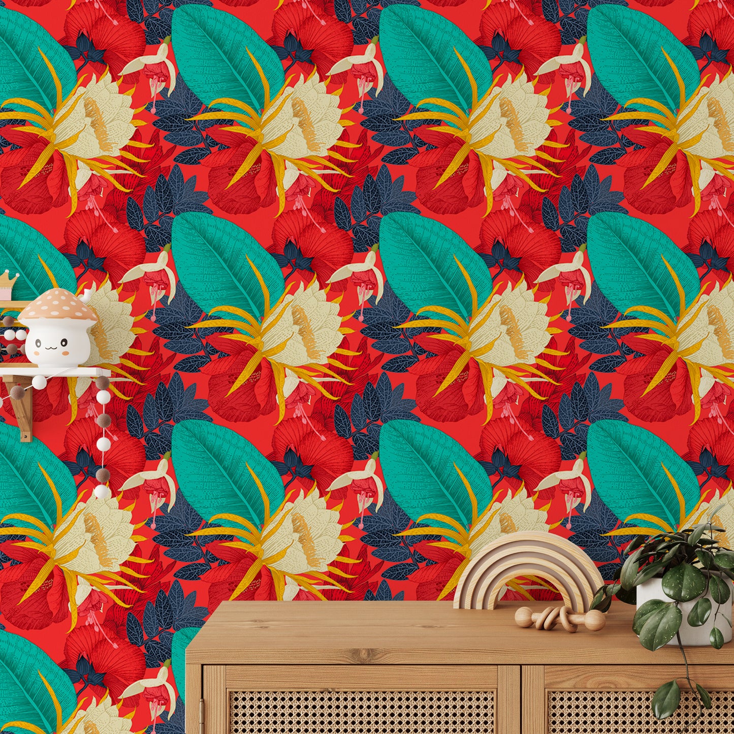 Seamless Pattern Tropical Floral Red Background Wallpaper