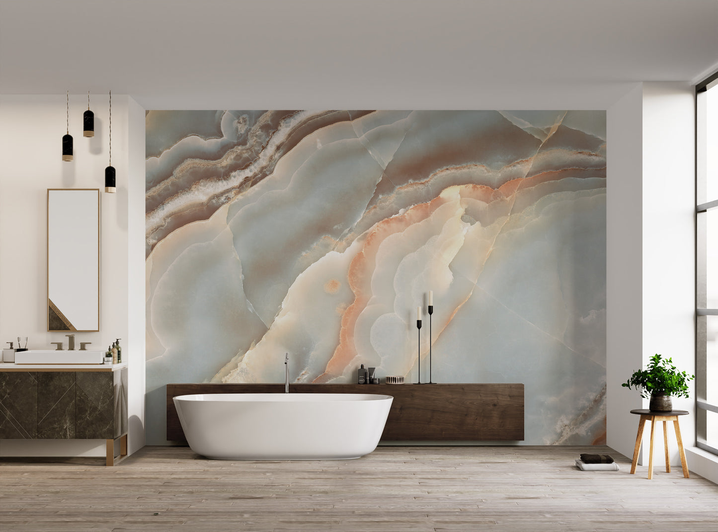 Natural marble mural featuring aqua tones