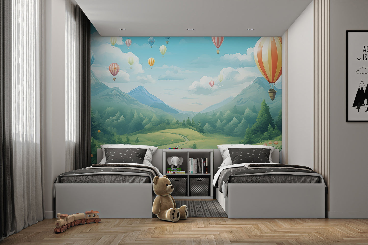 Storybook-style wallpaper with mountains and balloons
