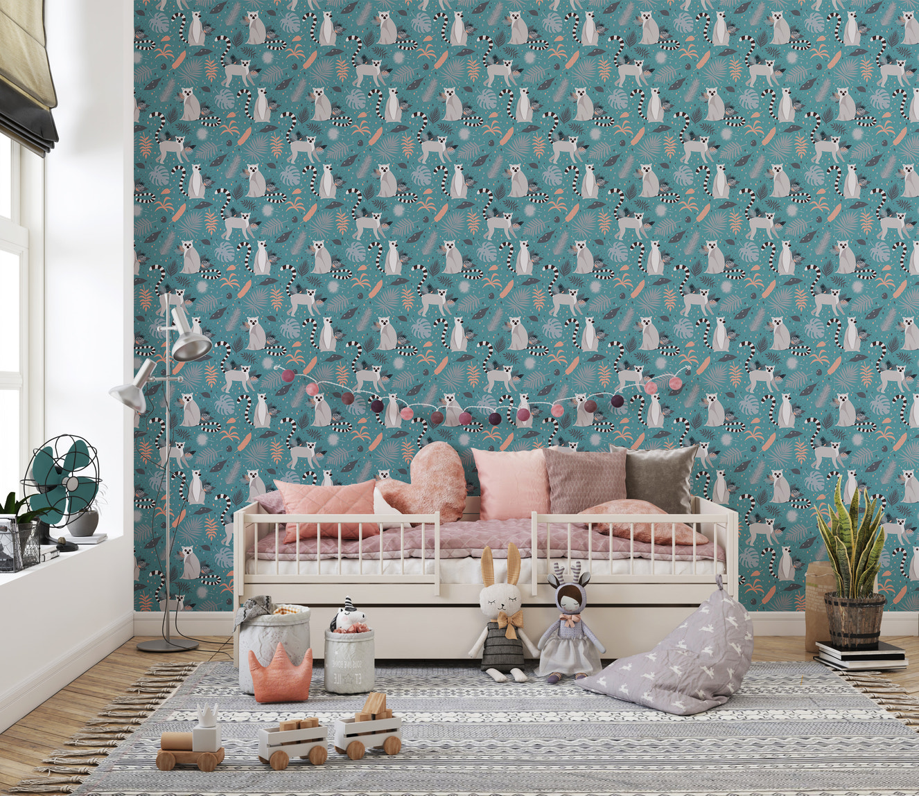 Exotic lemurs wallpaper with lush palm leaves
