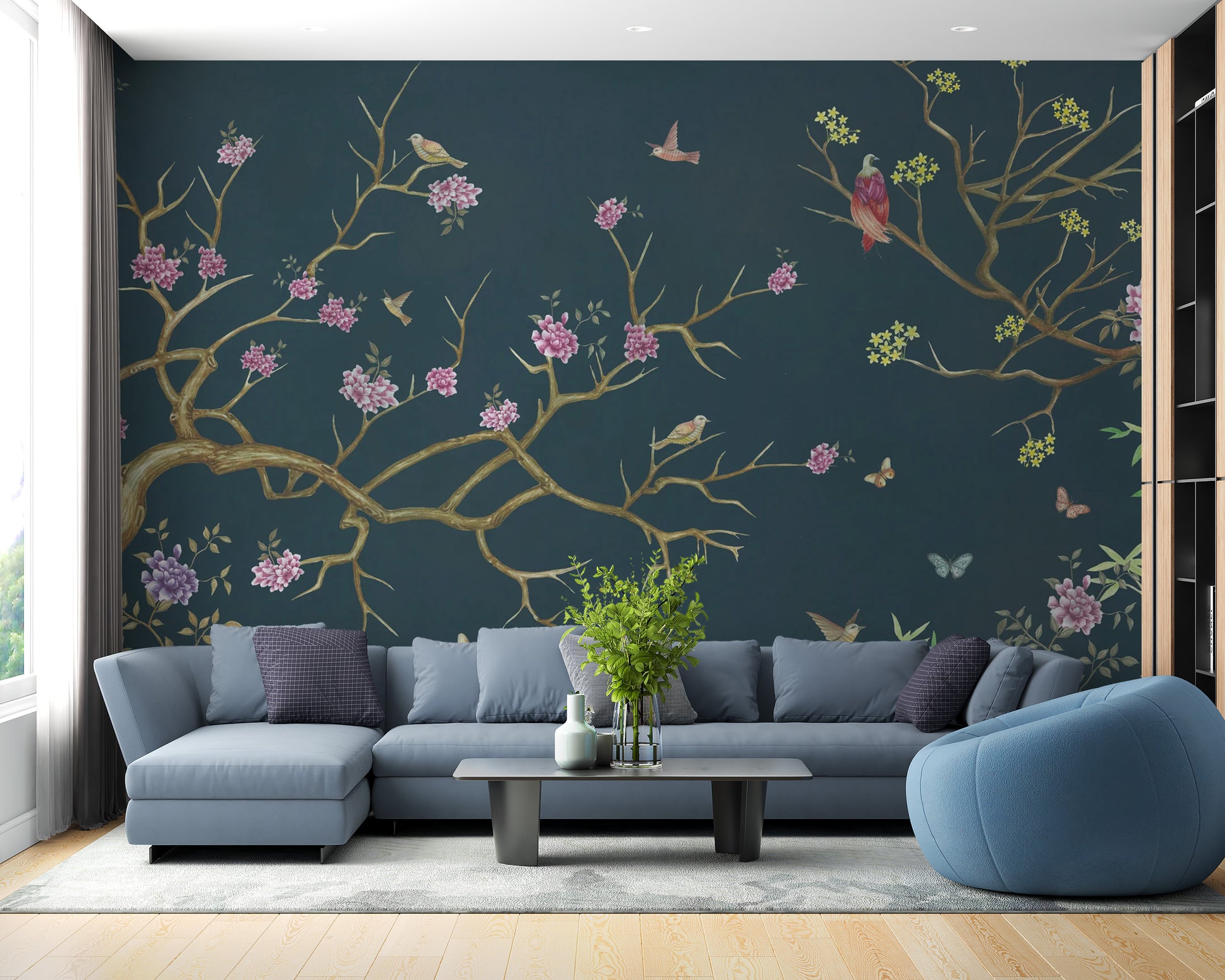 Sophisticated dark blue chinoiserie mural for walls
