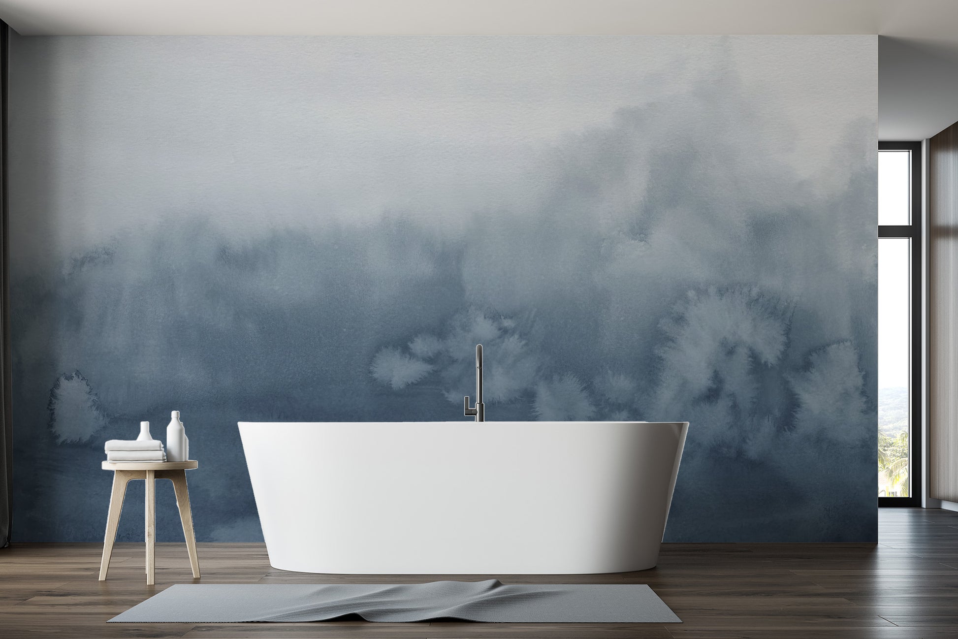 Abstract blue watercolor mural for serene interior design
