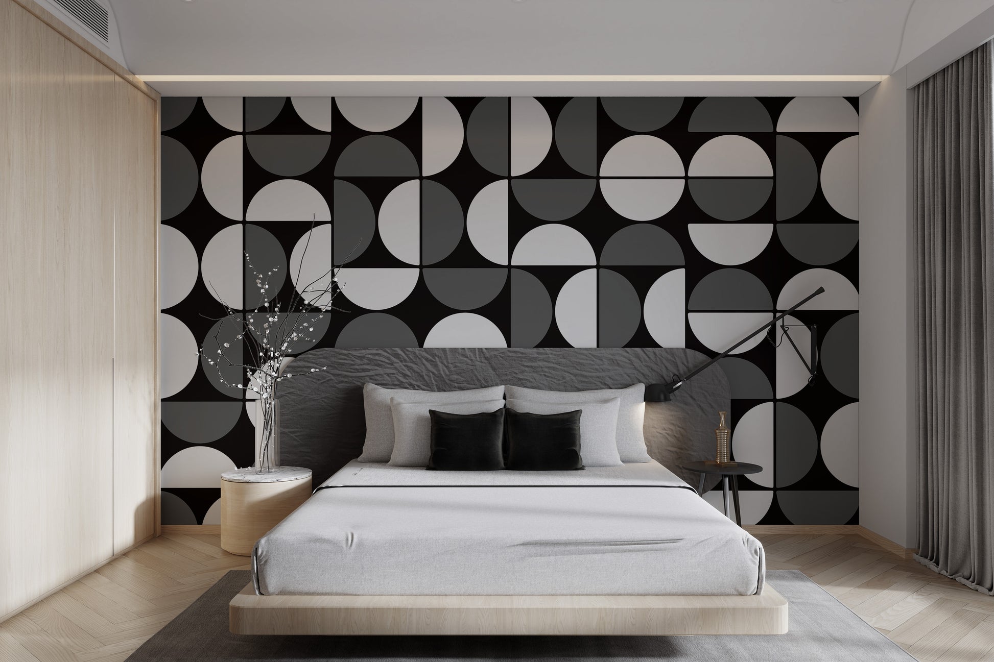 Bold monochrome wallpaper with a seamless geometric design




