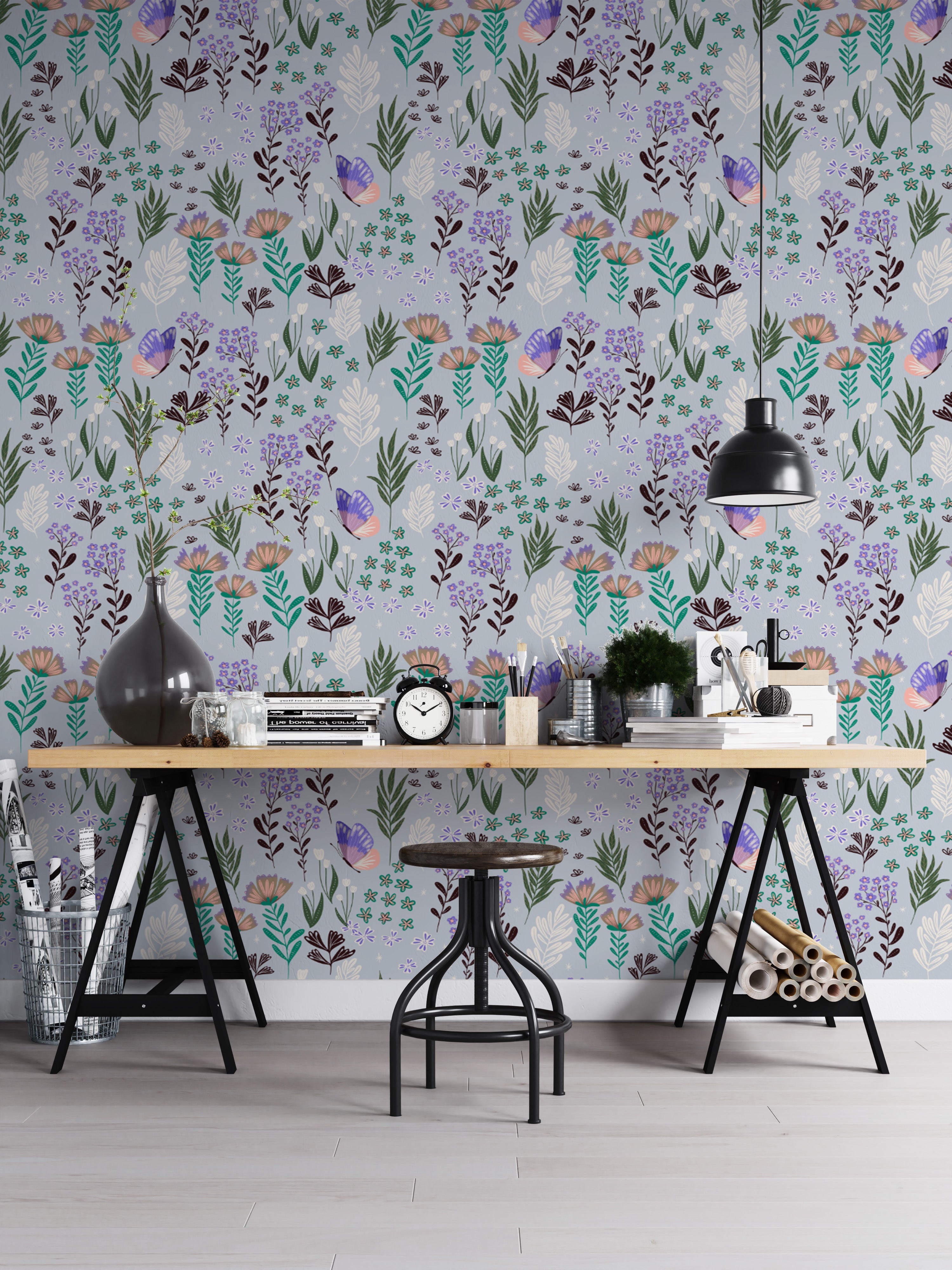 Vibrant purple wallpaper with delicate butterfly accents
