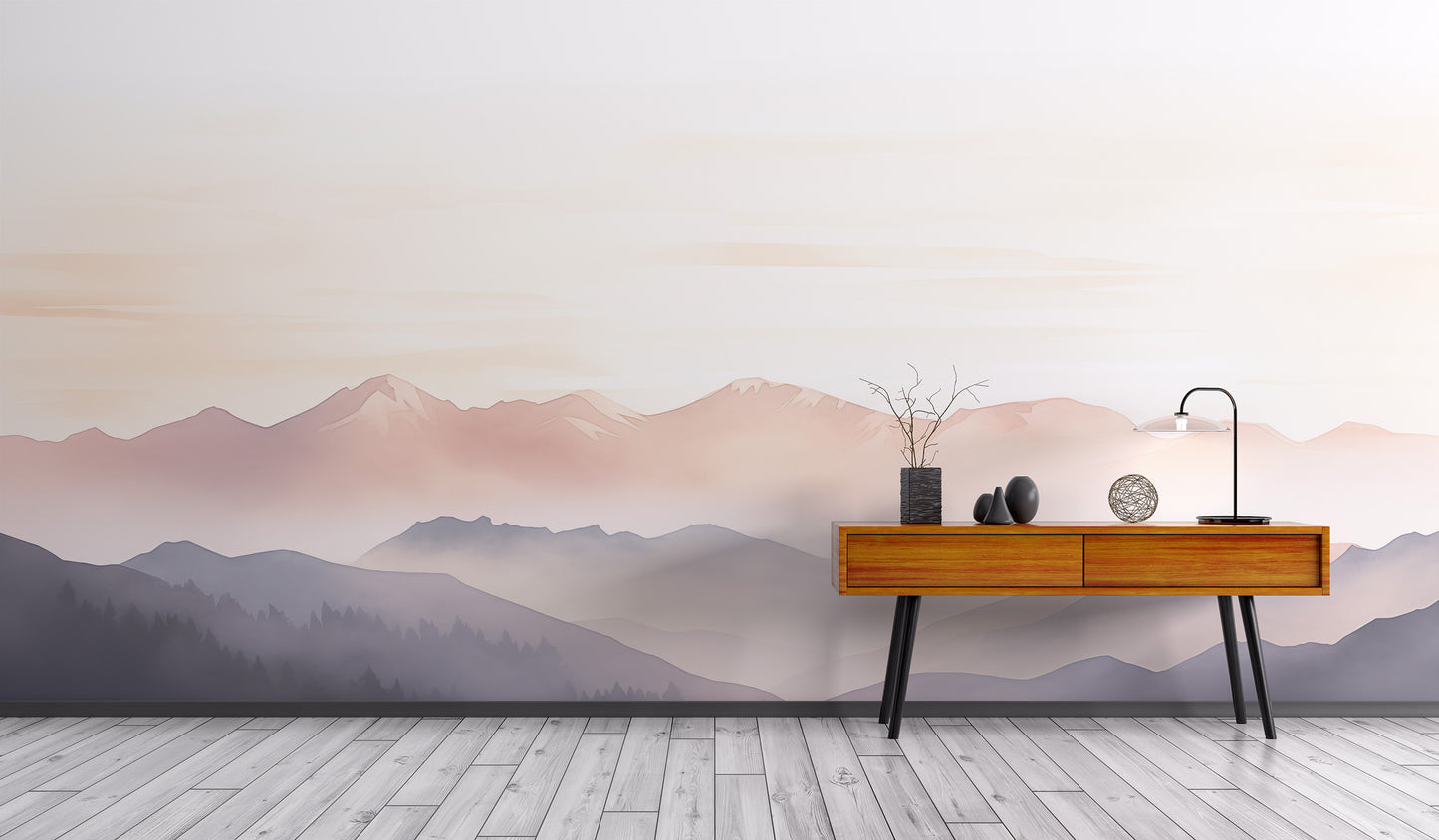 Serene foggy hills mural creating a peaceful environment.
