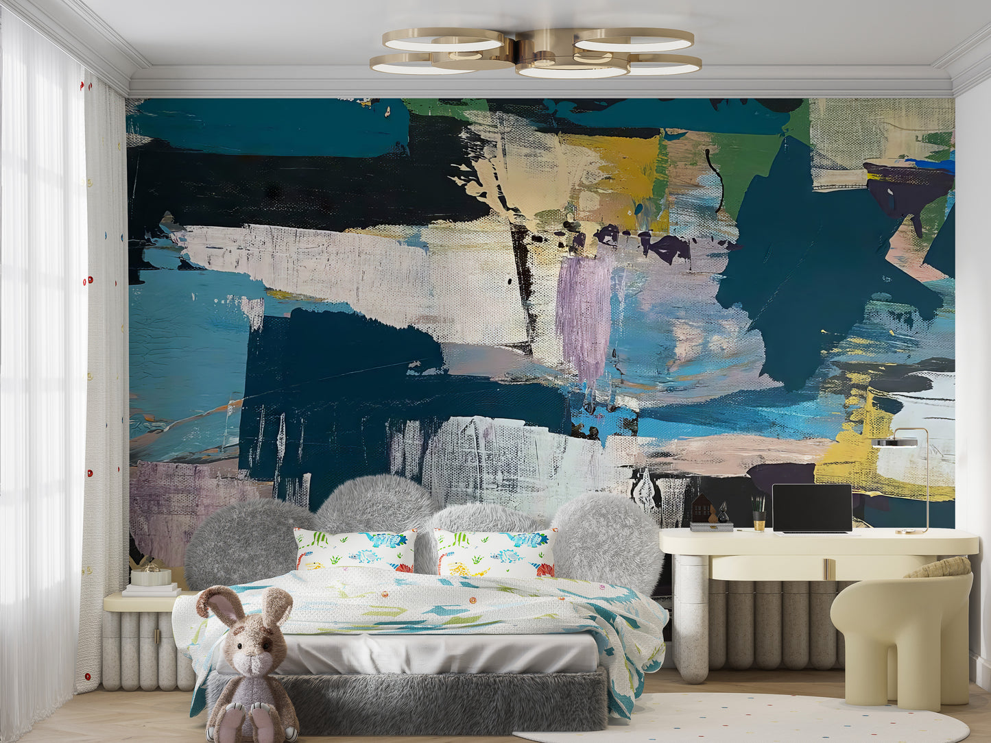 Contemporary mural with layered abstract brush strokes
