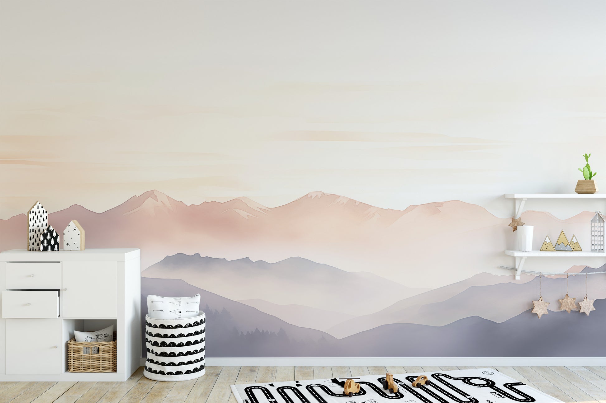 Soft foggy hills mural with gentle mist over rolling hills.
