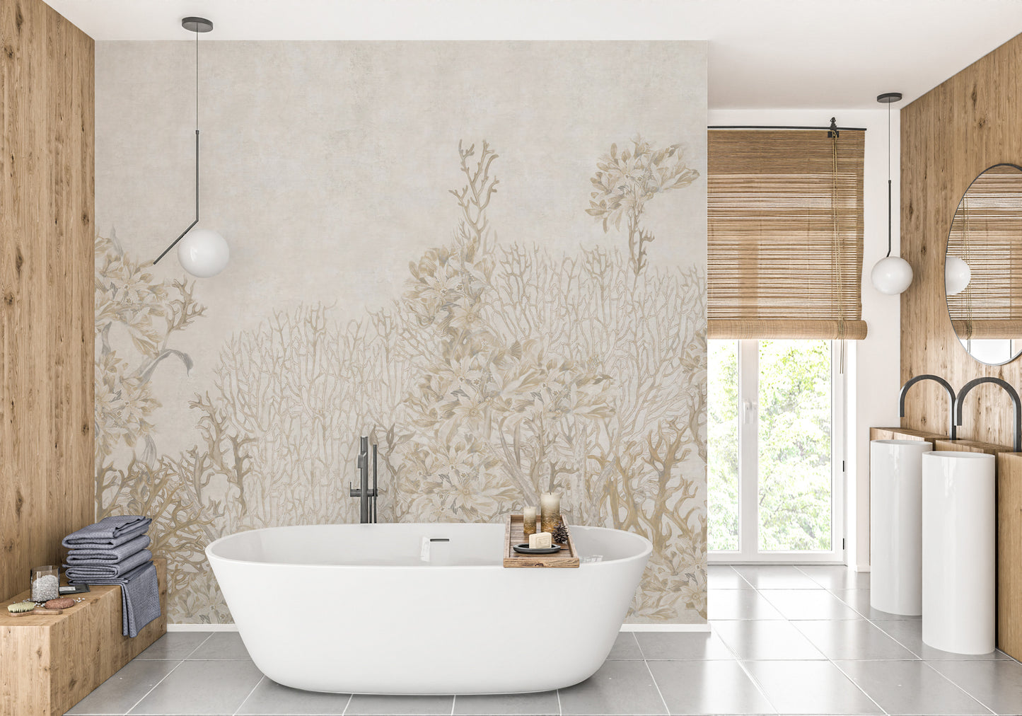 Monotone Sepia Flowers Mural for Timeless Home Decor