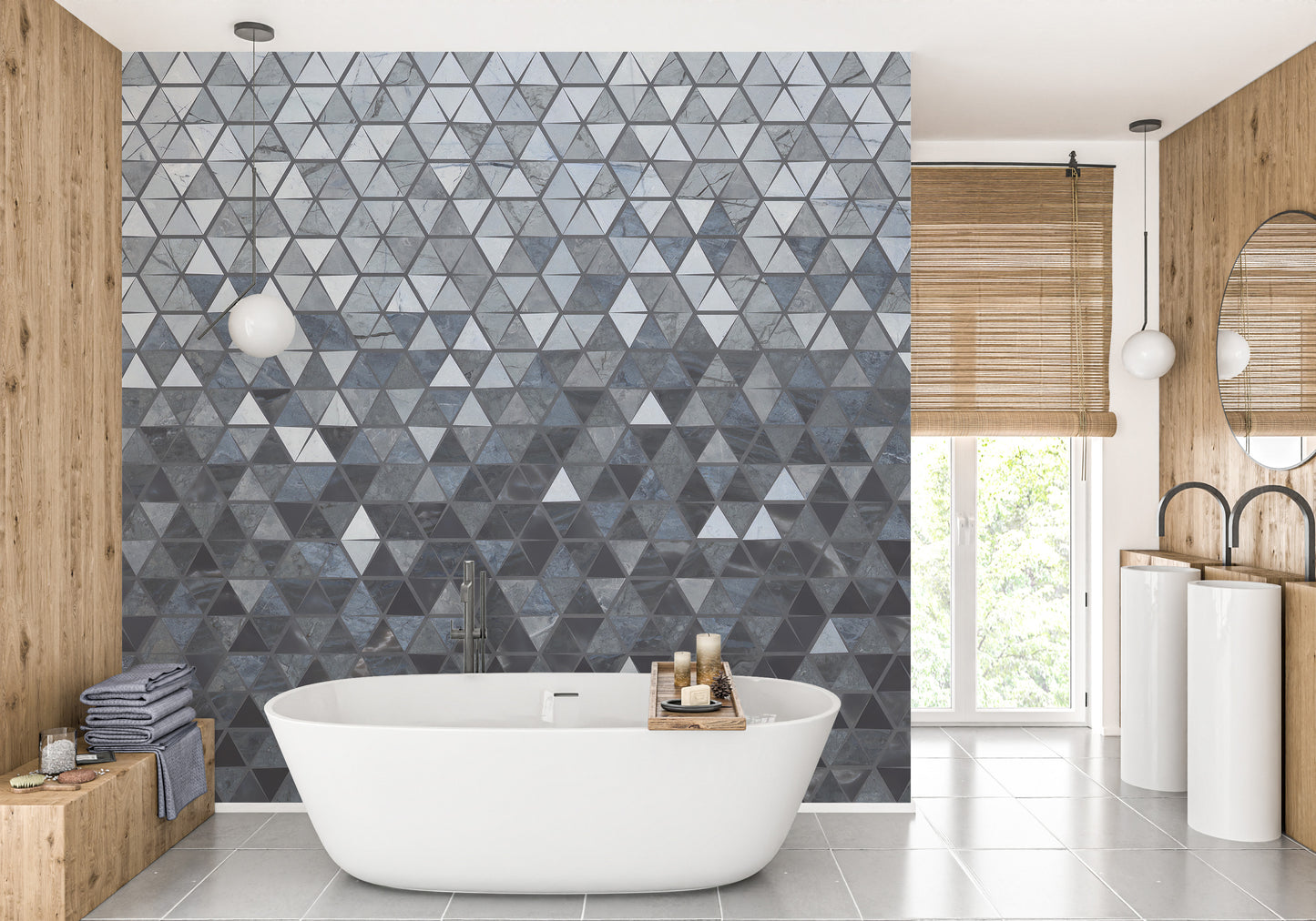 Blue and gray triangle pattern wallpaper.
