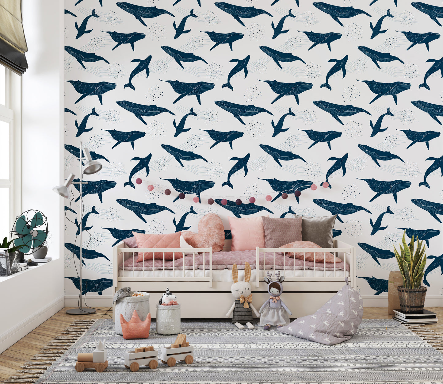 Ink blue whale mural wallpaper in monochrome
