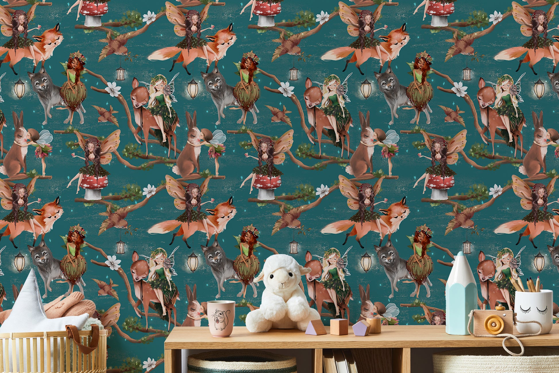 Hand-drawn forest animals wallpaper with fairy charm