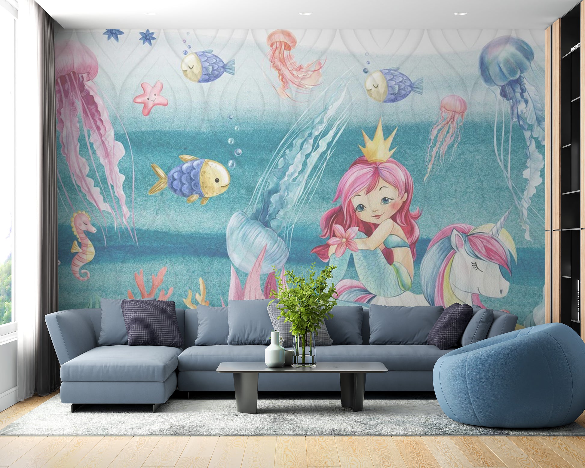 Magical ocean kingdom mural featuring mermaids for decor
