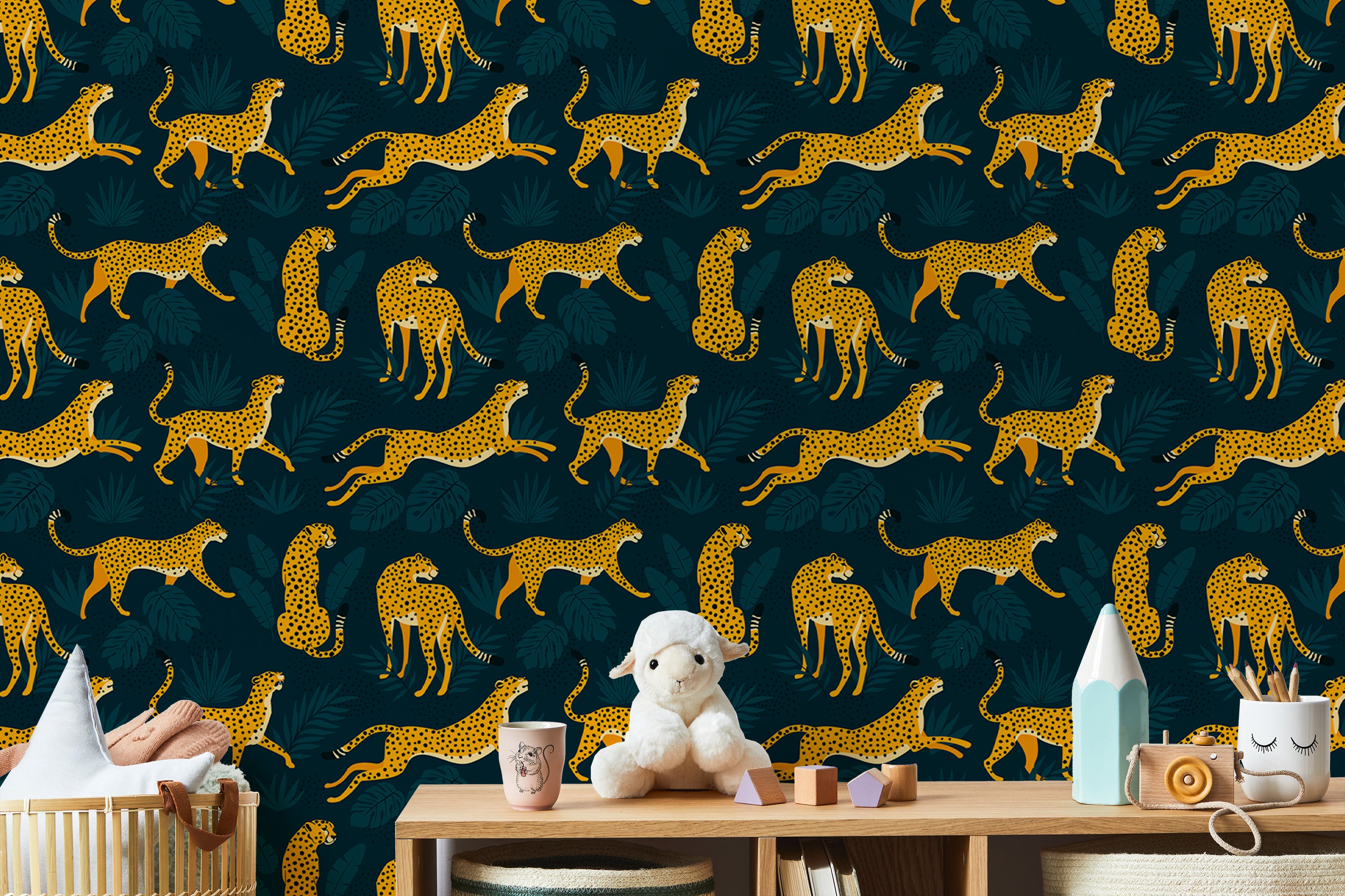 Leopard and tropical foliage pattern for kids' decor