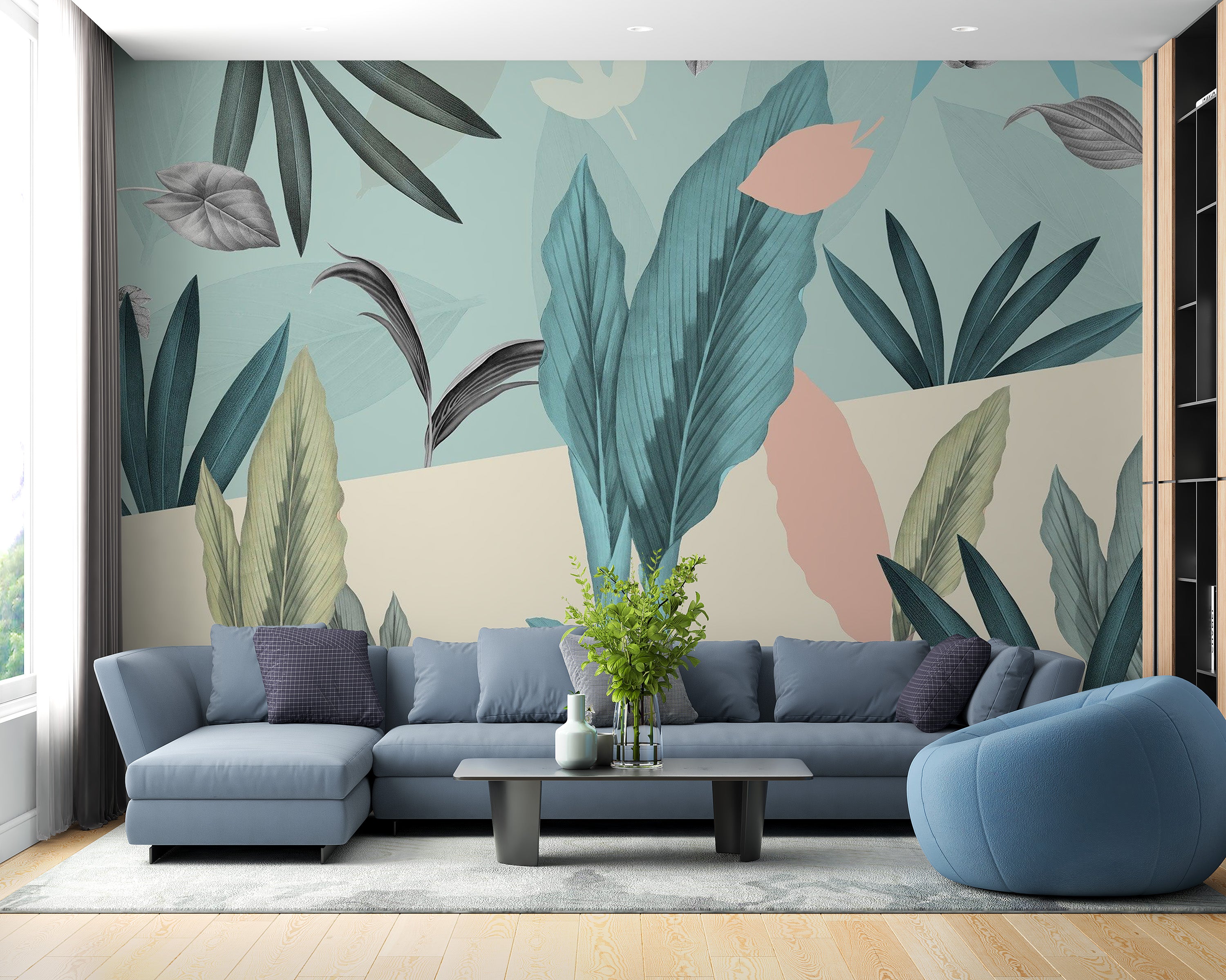 Natural green tropical leaves mural for a fresh ambiance



