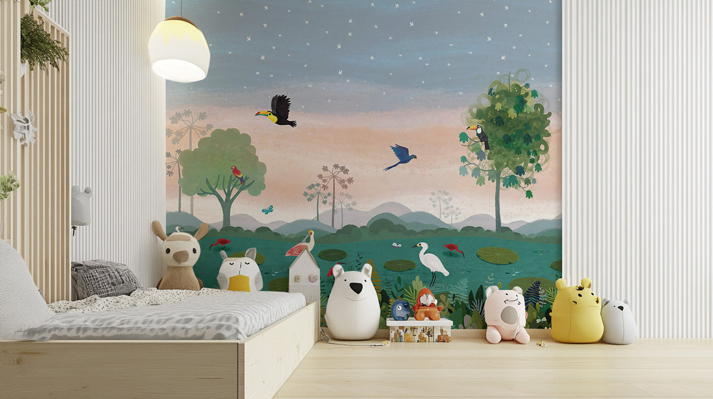 Dusky Amazon Birds Wallpaper Mural for natural beauty