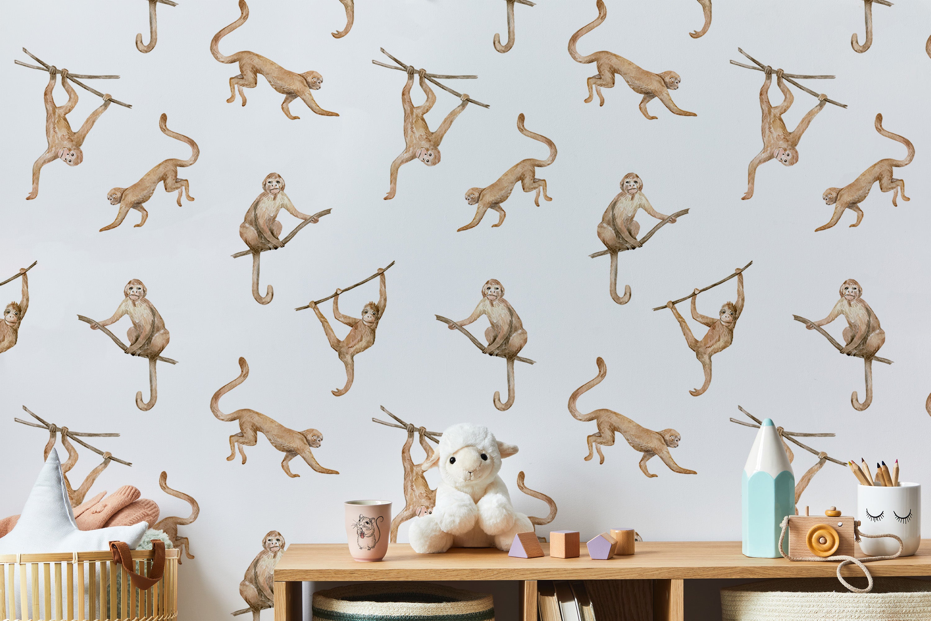 Fun repeat pattern wallpaper featuring playful monkeys